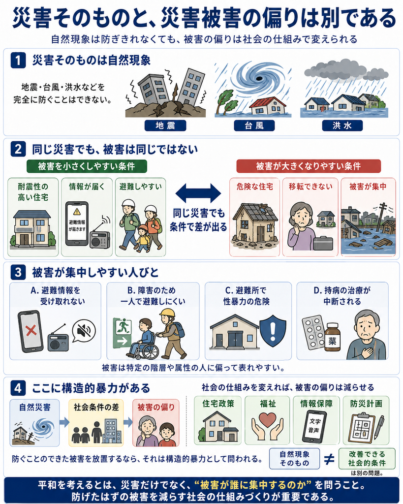 地震・台風・洪水などの自然現象そのものと、災害被害の偏りは別問題であることを示す図解。同じ災害でも、耐震性の高い住宅に住み、情報が届き、避難しやすい人は被害を小さくしやすい一方、危険な住宅に住み、移転できず、被害が集中しやすい人は深刻な被害を受けやすいことを対比している。さらに、避難情報を受け取れない人、障害のため一人で避難しにくい人、避難所で性暴力の危険にさらされる人、持病の治療が中断される人など、被害が特定の人びとに集中しやすいことを示し、住宅政策、福祉、情報保障、防災計画などの社会的条件を改善すれば被害の偏りを減らせることを説明している。