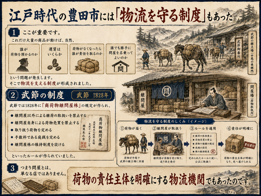 江戸時代の豊田市域で物流秩序を守った仕組みを解説する歴史図解。見出しは『江戸時代の豊田市には「物流を守る制度」もあった』。大量の商品が動くなかで、『誰が荷物を預かるのか』『運賃はいくらか』『荷物が紛失した場合は誰が責任を取るのか』『誰でも自由に問屋を名乗ってよいのか』といった問題が生じ、それに対応する制度が整えられたことを示す。右上には、荷物を積んだ馬と中馬が武節の継立場へ到着する様子、中央には荷物を保管する継問屋と帳簿を付ける問屋の姿が描かれている。左下では1828年に武節で定められた『商荷物継問屋株』の規定を紹介し、継問屋以外による継荷の取扱い禁止、継問屋自身による荷物売買の禁止、取扱荷物の規定、手数料である庭銭の設定、継問屋株の維持制度などを整理している。下部の流れ図では、荷物が中馬によって武節へ到着し、継問屋が受け取り、定められたルールに従って扱われ、責任主体を明確にしたうえで次の輸送へ引き渡される仕組みを図解。問屋が単なる商店ではなく、荷物の受渡しと責任を管理する物流機関でもあったことを表現している。