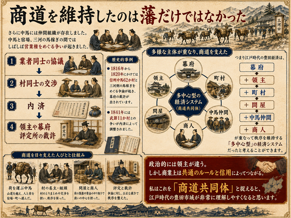 「江戸時代の豊田市域で、商道の秩序を藩だけでなく複数の主体が共同で支えていた仕組みを示す歴史図解。見出しは『商道を維持したのは藩だけではなかった』。左側では、中馬と宿場、三河の馬稼ぎなどの間で営業権をめぐる争いが起きた際に、業者同士の協議、村同士の交渉、内済、領主や幕府評定所の裁許という段階的な紛争処理が行われたことを示す。1816年から1820年にかけて信州中馬62か村と三河側の馬稼ぎをめぐる争論が起こり、幕府の裁許が出されたこと、1841年には武節11か村との争いが内済によって調整されたことも紹介。中央には、幕府、領主、町村、問屋、中馬仲間、商人が円形に配置され、それぞれが重なって秩序を維持する『多中心型の経済システム』を構成していたことを図解している。下部には荷を運ぶ中馬、村の名主や組頭、問屋と商人、評定と裁許の場面を描き、政治的には領主が異なっていても、商業上は共通のルールと信用によって地域が結ばれていたことを表現。こうした仕組みを『商道共同体』として捉え、江戸時代の豊田市域の広域的な物流と商業秩序を説明している。」