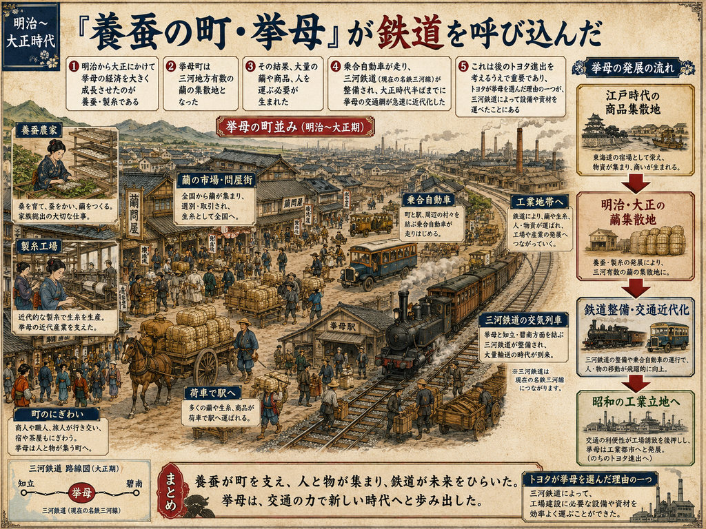 明治から大正期の挙母を描いた歴史図解。見出しは『「養蚕の町・挙母」が鉄道を呼び込んだ』。中央には、繭俵や荷車、人々でにぎわう挙母の町並みと、駅に乗り入れる蒸気機関車、町を走る乗合自動車が描かれ、養蚕と製糸によって発展した挙母が交通の近代化を進めた様子を表している。左側には、養蚕農家が蚕を育てる場面、製糸工場で生糸を生産する場面、蘭問屋の町並み、商人や職人でにぎわう町の様子が配置され、挙母が三河地方有数の繭の集散地になったことを示す。中央下には『挙母駅』と三河鉄道の列車が描かれ、多くの繭や生糸、商品が荷車で駅へ運ばれていく。右側には『江戸時代の商品集散地→明治・大正の繭集散地→鉄道整備・交通近代化→昭和の工業立地へ』という流れが図式化され、三河鉄道の整備が後のトヨタ進出につながる条件の一つになったことを説明している。下部には大正期の三河鉄道路線図もあり、知立・挙母・碧南を結ぶ路線が示されている。全体として、養蚕の町だった挙母が、人と物の集積を背景に鉄道を呼び込み、近代交通の町から昭和の工業都市へつながっていく過程を描いた画像。