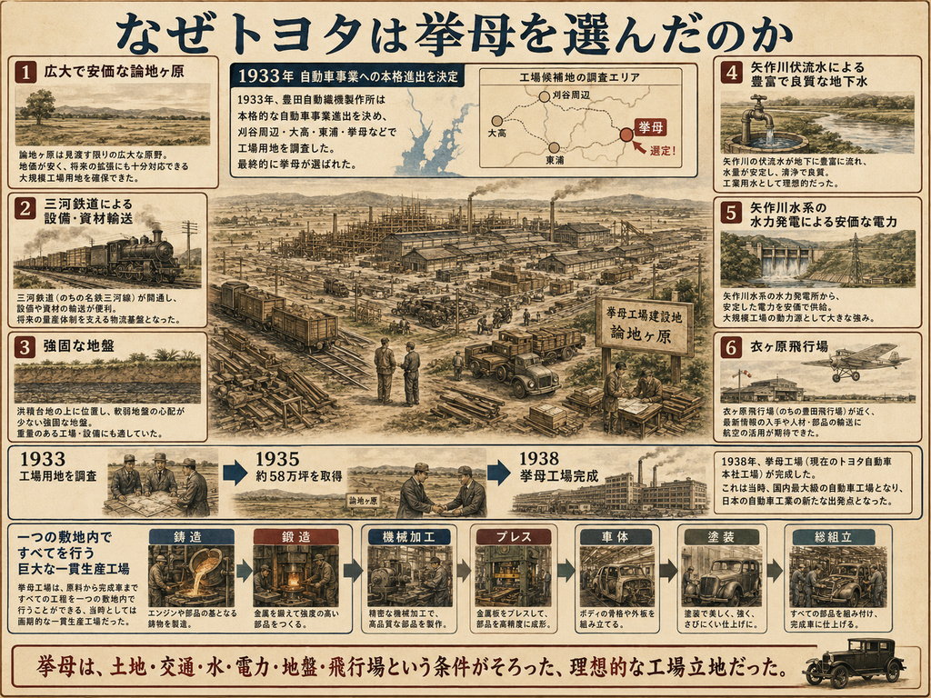 昭和初期に、なぜトヨタが挙母を工場立地に選んだのかを解説する歴史図解。大見出しは『なぜトヨタは挙母を選んだのか』。中央には、論地ヶ原に建設される広大な挙母工場の全景が描かれ、周囲に鉄道、資材置き場、トラック、作業員、工場建設の様子が広がる。上部では、1933年に豊田自動織機製作所が自動車事業への本格進出を決め、刈谷周辺・大高・東浦・挙母などで工場候補地を調査し、最終的に挙母が選ばれた流れを、地図付きで示している。左側には、選定理由として『広大で安価な論地ヶ原』『三河鉄道による設備・資材輸送』『強固な地盤』が挙げられ、それぞれ原野、蒸気機関車、地盤断面図で表現されている。右側には、『矢作川伏流水による豊富で良質な地下水』『矢作川水系の水力発電による安価な電力』『衣ヶ原飛行場』が示され、川や井戸、水力発電施設、飛行機の絵で説明されている。下部には年表として、1933年の工場用地調査、1935年の約58万坪の土地取得、1938年の挙母工場完成が順に並ぶ。さらにその下には、鋳造、鍛造、機械加工、プレス、車体、塗装、総組立という工程が一列に配置され、挙母工場が一つの敷地内で完成車まで仕上げる巨大な一貫生産工場であったことを示している。全体として、挙母が土地、交通、水、電力、地盤、飛行場という条件を備えた理想的な工場立地だったことを表現した画像。