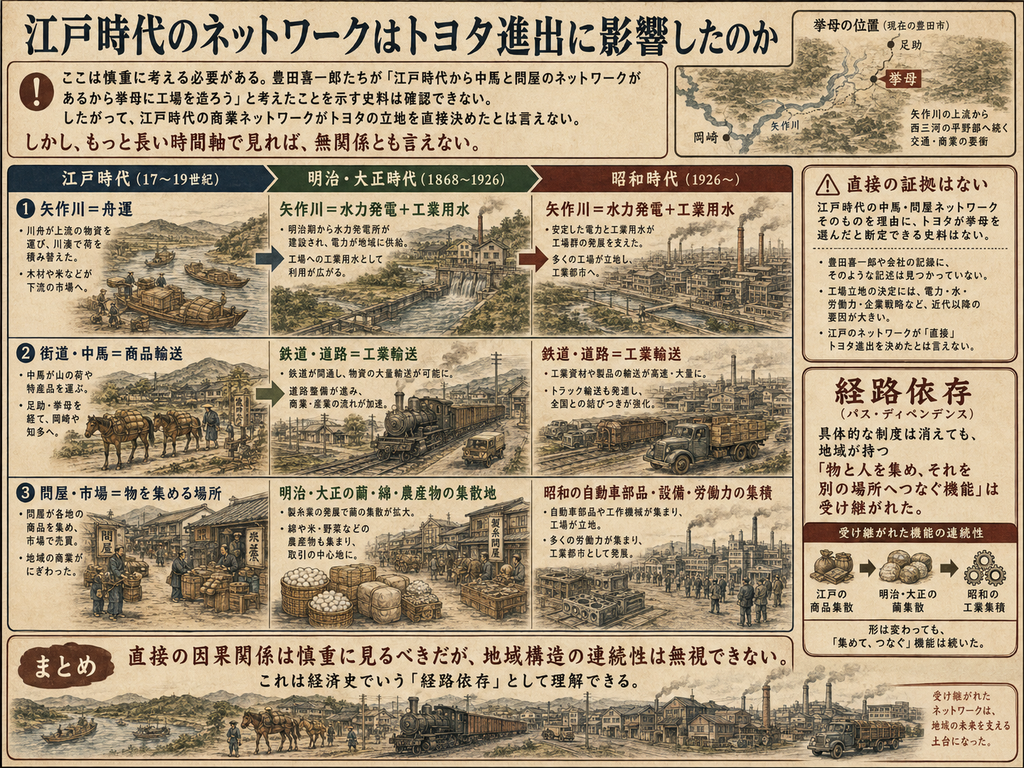 「江戸時代の物流ネットワークが、直接ではないが長期的にはトヨタの挙母進出と無関係ではないことを説明する歴史図解。見出しは『江戸時代のネットワークはトヨタ進出に影響したのか』。冒頭では、豊田喜一郎たちが『江戸時代から中馬と問屋のネットワークがあるから挙母に工場を造ろう』と考えたことを示す史料は確認できず、江戸時代の商業ネットワークがトヨタの立地を直接決めたとは言えないと注意書きしている。中央には、江戸時代・明治大正期・昭和期の三段階の比較図が並ぶ。1段目では、江戸時代の矢作川舟運が、明治大正期には水力発電と工業用水へ、昭和にはさらに工業都市を支える電力・用水へ変化したことを示す。2段目では、江戸時代の街道・中馬による商品輸送が、近代には鉄道・道路による工業輸送へ変わったことを描く。3段目では、江戸時代の問屋・市場が、明治大正には繭・綿・農産物の集散地となり、昭和には自動車部品・設備・労働力の集積へ変化したことを示す。右側には『直接の証拠はない』という説明とともに、『経路依存』という概念が強調され、具体的な制度は消えても、地域が物と人を集め、それを別の場所へつなぐ機能は受け継がれたと整理されている。下部では、江戸の商品集散、明治大正の繭集散、昭和の工業集積が矢印でつながれ、形を変えても地域の“集めて、つなぐ”機能が続いたことを表現している。