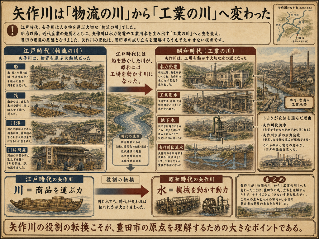 矢作川が江戸時代の『物流の川』から昭和の『工業の川』へ変化したことを解説する歴史図解。大見出しは『矢作川は「物流の川」から「工業の川」へ変わった』。左側では江戸時代の矢作川が、人や物を運ぶ物流インフラとして機能していたことを示し、船、筏、川湊、川船問屋の4つの要素をそれぞれ絵入りで紹介している。船では米・塩・木材・紙などの商品輸送、筏では山から切り出した木材や薪の搬出、川湊では荷の積み下ろしと中継、川船問屋では荷役や荷の取次ぎが描かれている。中央には大きく流れる矢作川と『江戸時代には船を動かした川が、昭和には工場を動かす川になった』という転換が示されている。右側では昭和時代の矢作川が『工業の川』として描かれ、水力発電、工業用水、地下水、矢作川伏流水の4つの形で工業生産を支えたことを説明。発電所、工場の給水設備、井戸や地下水利用の図、伏流水の模式図が並び、挙母・本社周辺の工場地帯も描かれている。右下には、トヨタが挙母を選んだ理由として『矢作川伏流水』と『矢作川水系の水力発電』が挙げられ、良質で豊かな水と安価で安定した電力がトヨタの発展を支えたことが説明されている。下部では、『江戸時代の矢作川=川=商品を運ぶ力』が、『昭和時代の矢作川=水=機械を動かす動力』へ役割を変えたことを対比的に示し、最後に『矢作川の役割の転換こそが、豊田市の原点を理解するための大きなポイントである』とまとめている。全体として、同じ自然資源である矢作川が、時代ごとに異なるインフラへ転換され、豊田市の成立と発展を支えたことを表現する教育ポスター風の画像。