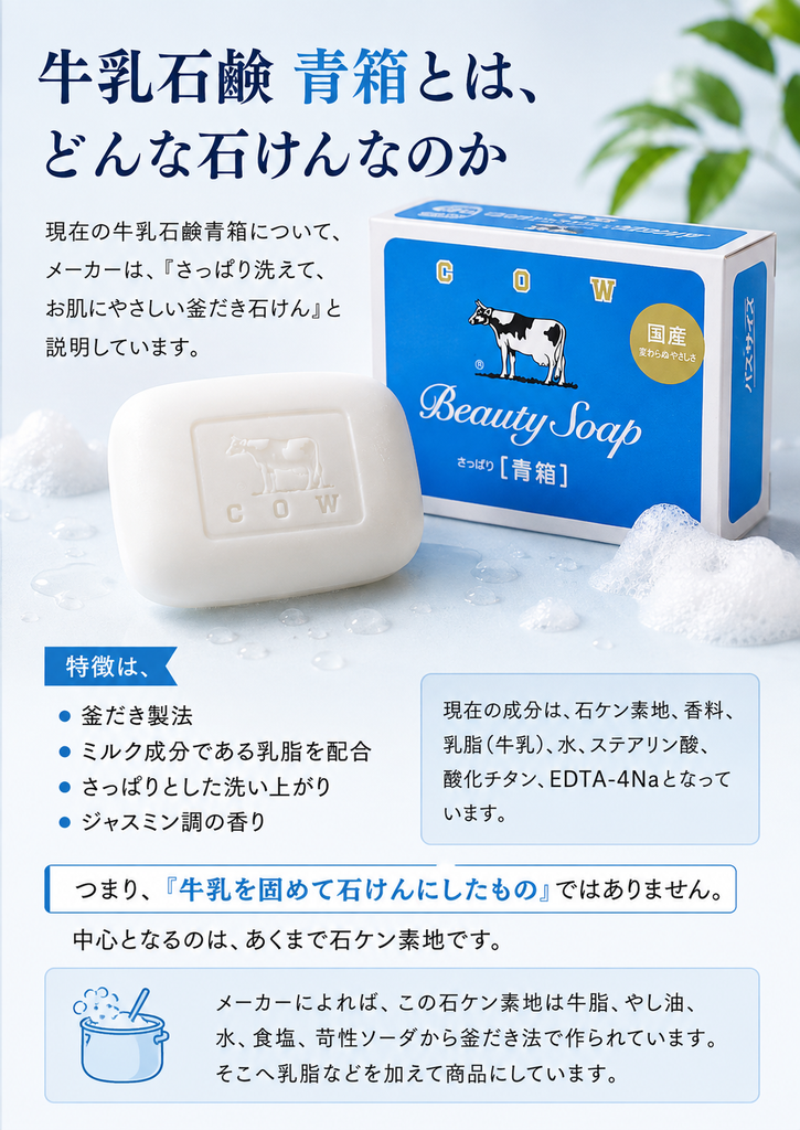 牛乳石鹸 青箱の特徴を解説した画像。実物をイメージした白い固形石けんと青箱を配置し、釜だき製法、乳脂配合、さっぱりした洗い上がり、ジャスミン調の香り、石ケン素地を中心とした成分構成を紹介している。