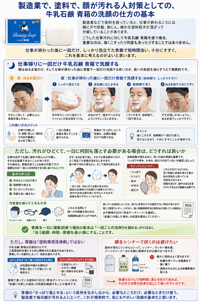 牛乳石鹸 青箱を、製造業で塗料や粉じんにより顔が汚れる人の洗顔に使う基本方法をまとめた画像。上部では、仕事が終わるころの顔には汗・皮脂・粉じん・細かな塗料粒子が混ざって付着することがあり、強くこすったり何度も洗ったりするのではなく、仕事帰りに青箱をしっかり泡立てて短時間で一回だけ洗い、ぬるま湯で十分にすすぐ方法を基本として紹介している。朝はぬるま湯だけにし、夜は泡を顔になじませ、こすりすぎず、短時間で一度だけ洗う流れを図解している。
中央では、汚れがひどく一日に複数回洗う必要がある場合の対処を説明し、汚れた部分だけを洗う、短時間で終える、ゴシゴシこすらない、何度も洗い直さないことを推奨している。つっぱり、ヒリヒリ、赤み、かゆみ、皮むけが出る場合は洗いすぎの可能性があるため、使用回数を減らしたり、途中はぬるま湯だけにしたり、洗顔後に保湿することを示している。また、フェイスシールド、保護メガネ、帽子、マスクなどで塗料の付着量そのものを減らす対策も紹介している。
下部では、牛乳石鹸 青箱は塗料専用洗浄剤ではなく化粧石けんであることを強調し、水性塗料や細かな顔料が皮脂と混じっている場合には石けん洗浄が有効なことがある一方、2液型ウレタン、エポキシ樹脂、強い溶剤を含む塗料ではSDS(安全データシート)の「皮膚に付着した場合」の処置を優先すべきだと説明している。さらに、シンナー、ラッカー薄め液、パーツクリーナーなどを顔に使うのは避け、青箱の「さっぱり落とせる」という長所を生かしながら、必要なところだけ、必要なときだけ、短時間で洗うことが基本だとまとめている。