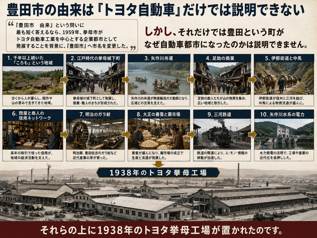 豊田市の由来を、トヨタ自動車だけではなく、古代から近代までの地域史の積み重ねとして示す実写風の歴史図解。見出しは『豊田市の由来は「トヨタ自動車」だけでは説明できない』。冒頭では、1959年に挙母市がトヨタ自動車工業を中心とする企業都市として発展することを背景に『豊田市』へ市名を変更したことを示す一方、それだけでは自動車都市になった理由を説明できないとする。中央には、千年以上続く『ころも』の地域、江戸時代の挙母城下町、矢作川舟運、足助の商業、伊那街道と中馬、問屋と商人の信用ネットワーク、明治のガラ紡、大正の養蚕と繭市場、三河鉄道、矢作川水系の電力という10の歴史的要素を、実写風の場面とともに時系列で配置。古い集落、城下町、川舟、足助の商店街、荷馬による中馬輸送、問屋での商談、水車を利用したガラ紡、繭の集散、蒸気機関車、水力発電所などを描いている。下部には1938年のトヨタ挙母工場の大規模な工場群を配置し、これら長期的な地域の産業・交通・商業・エネルギー基盤の上に自動車工場が成立したことを表現している。