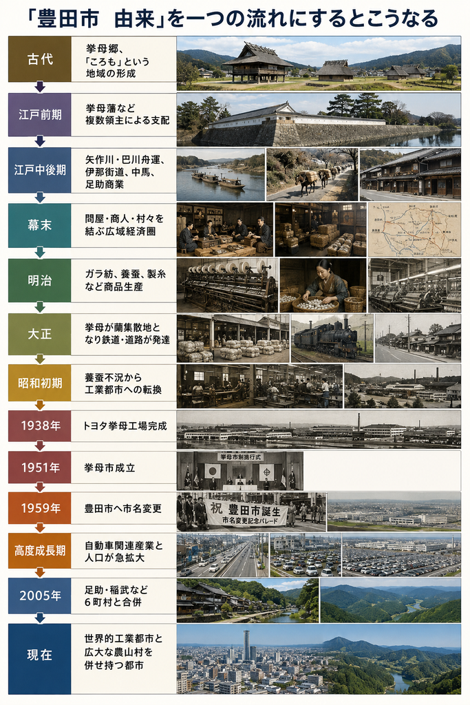 『豊田市 由来』を古代から現在まで一つの流れで示した縦型の歴史年表。古代には挙母郷と『ころも』という地域が形成され、江戸前期には挙母藩など複数領主による支配、江戸中後期には矢作川・巴川舟運、伊那街道、中馬、足助商業が発達したことを示す。幕末には問屋・商人・村々を結ぶ広域経済圏が形成され、明治にはガラ紡、養蚕、製糸などの商品生産が発展。大正期には挙母が繭の集散地となり、鉄道・道路が整備された。昭和初期には養蚕不況を背景に工業都市への転換が進み、1938年にトヨタ挙母工場が完成。1951年に挙母市が成立し、1959年に豊田市へ市名変更。高度成長期には自動車関連産業と人口が急拡大し、2005年には足助・稲武など6町村と合併。現在は世界的な工業都市である一方、広大な農山村も併せ持つ都市となっていることを、各時代の実写風イメージとともに時系列で示している。