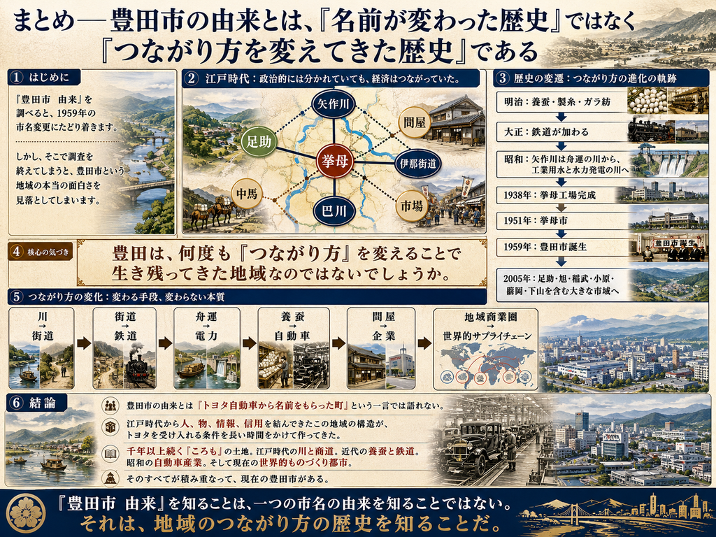 豊田市の由来を『名前が変わった歴史』ではなく『つながり方を変えてきた歴史』としてまとめた歴史図解。冒頭では、1959年の市名変更だけでは豊田市という地域の本当の成り立ちは説明できないとし、江戸時代の現在の豊田市域が多数の領主に分かれていても、矢作川、巴川、伊那街道、足助、挙母、中馬、問屋、市場によって一つの経済圏を形成していたことを示す。中央には、挙母を中心に足助、矢作川、巴川、伊那街道、中馬、問屋、市場が結ばれた地域ネットワークを図示。右側には、明治の養蚕・製糸・ガラ紡、大正の鉄道、昭和の工業用水と水力発電、1938年の挙母工場完成、1951年の挙母市成立、1959年の豊田市誕生、2005年の足助・稲武・小原・藤岡・下山などとの合併までを時系列で示している。下部では『川から街道へ』『街道から鉄道へ』『舟運から電力へ』『養蚕から自動車へ』『問屋から企業へ』『地域商業圏から世界的サプライチェーンへ』という変化を図解し、手段は変わっても人・物・情報・信用を結ぶ地域の本質が受け継がれてきたことを表現。江戸時代の川と商道、近代の養蚕と鉄道、昭和の自動車産業、現在の世界的ものづくり都市までが積み重なって、今の豊田市が形成されたことをまとめた画像。
