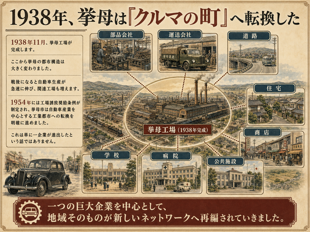 「1938年に挙母工場が完成し、挙母が自動車産業を中心とする『クルマの町』へ転換していく過程を示す歴史図解。中央には1938年完成の挙母工場が大きく描かれ、その周囲に部品会社、運送会社、道路、住宅、商店、学校、病院、公共施設が配置され、巨大工場の進出によって地域全体の都市構造が再編されたことを表現している。左側では、1938年11月の挙母工場完成、戦後の自動車生産拡大と関連工場の増加、1954年の工場誘致奨励条例制定によって挙母市が工業都市化を進めた流れを説明。下部には『一つの巨大企業を中心として、地域そのものが新しいネットワークへ再編されていきました』という趣旨が示され、自動車工場の進出が単なる一企業の立地ではなく、産業、物流、交通、住宅、教育、医療、行政施設までを含む都市形成につながったことを図解している。