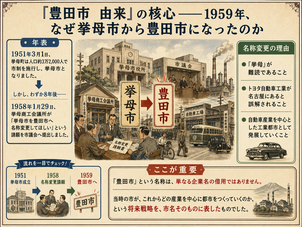 1959年に挙母市が豊田市へ名称変更された理由を解説する歴史図解。大見出しは『「豊田市 由来」の核心――1959年、なぜ挙母市から豊田市になったのか』。左側には、1951年3月1日に挙母町が人口約3万2,000人で市制を施行して挙母市となったこと、1958年1月29日に挙母商工会議所が『挙母市を豊田市へ名称変更してほしい』という請願を市議会へ提出したことを年表形式で示している。中央には、挙母市役所、市議会、挙母商工会議所、自動車工場、挙母駅周辺の町並みが描かれ、『挙母市』から『豊田市』へ名称が変わる様子を大きな矢印で表現している。右側には名称変更の理由として、『挙母』が難読であること、トヨタ自動車工業が名古屋にあると誤解されること、自動車産業を中心とした工業都市として発展していくことが整理されている。下部には1951年の挙母市成立、1958年の名称変更請願、1959年の豊田市への改称という流れが図示され、『豊田市』という名称は単なる企業名の借用ではなく、当時の市が今後どの産業を中心に都市をつくるかという将来戦略を市名そのものに表したものだと説明している。