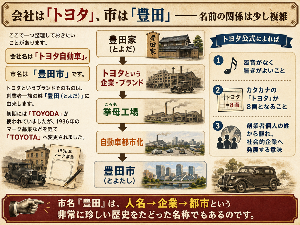 会社名『トヨタ自動車』と市名『豊田市』の名前の関係を解説する歴史図解。見出しは『会社は「トヨタ」、市は「豊田」――名前の関係は少し複雑』。左側では、トヨタというブランドが創業者一族の姓『豊田(とよだ)』に由来し、初期には『TOYODA』が使われていたものの、1936年のマーク募集などを経て『TOYOTA』へ変更されたことを説明している。中央には『豊田家(とよだ)→トヨタという企業・ブランド→挙母工場→自動車都市化→豊田市(とよたし)』という流れを、家屋、工場、都市景観のイラストとともに縦方向で示している。右側では、トヨタ公式が示す名称変更の理由として、濁音がなく響きがよいこと、カタカナの『トヨタ』が8画になること、創業者個人の姓から離れて社会的企業へ発展する意味があったことを整理している。下部には、市名『豊田』が『人名→企業→都市』という珍しい経路をたどった名称であることを強調している。