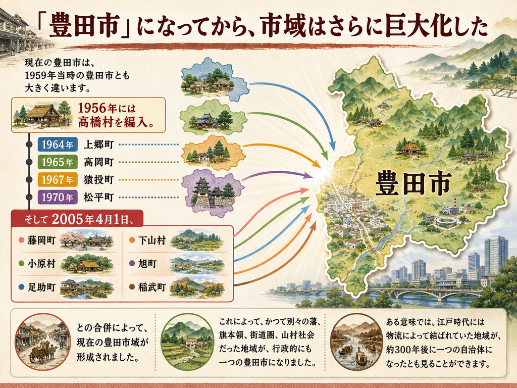 『「豊田市」になってから、市域はさらに巨大化した』という見出しの歴史図解。左側に年表形式で、1956年の高橋村編入、1964年の上郷町、1965年の高岡町、1967年の猿投町、1970年の松平町との合併が示され、さらに2005年4月1日に藤岡町、小原村、足助町、下山村、旭町、稲武町と合併したことが大きく表示されている。中央から右側には、これらの地域が矢印で現在の豊田市の地図へ集まっていく様子が描かれ、山間部、農村、旧町並み、中心市街地が一つの市域に統合されていくイメージを表現している。下部では、かつて別々の藩、旗本領、街道圏、山村社会だった地域が行政的にも一つの豊田市となったこと、江戸時代には物流で結ばれていた地域が約300年後に一つの自治体になったとも見られることを説明している。全体として、1959年以後の合併によって豊田市の市域が拡大し、現在の広大な豊田市が形づくられた過程を示す画像。