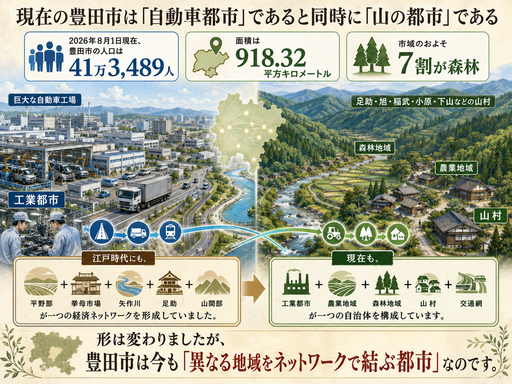 現在の豊田市が『自動車都市』であると同時に『山の都市』でもあることを示す図解。上部には2026年8月1日現在の人口41万3,489人、面積918.32平方キロメートル、市域のおよそ7割が森林であることを表示。左側には巨大な自動車工場、工業都市、道路や物流トラック、鉄道などを描き、右側には足助・旭・稲武・小原・下山などをイメージした山村、森林、農業地域、棚田、集落を描いている。中央には豊田市の地図と地域を結ぶネットワークが示され、江戸時代の『平野部+挙母市場+矢作川+足助+山間部』という経済ネットワークと、現在の『工業都市+農業地域+森林地域+山村+交通網』という都市構造を対比している。全体として、豊田市が現在も異なる地域を交通と産業のネットワークで結ぶ都市であることを表現している。