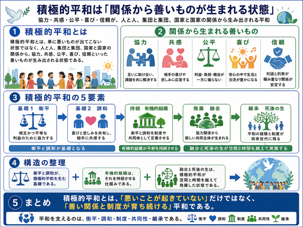 積極的平和は『関係から善いものが生まれる状態』」を説明する図解。上部には、積極的平和とは、単に悪いことが起きていない状態ではなく、人と人、集団と集団、国家と国家の関係から、協力、共感、公平、喜び、信頼といった善いものが生み出される平和であると大きく示されている。左上の第1欄では、積極的平和の定義を説明し、人びとがつながり合い、都市や社会の中で協力して生きるイラストが添えられている。右上の第2欄では、関係から生まれる善いものとして、協力、共感、公平、喜び、信頼の5項目が並び、それぞれ、助け合い、相手の喜びや悲しみへの応答、利益や機会が一方に偏らないこと、安心の中で生活や交流が豊かになること、対話と約束が積み重なって関係が安定することとして整理されている。中央の第3欄では、積極的平和の5要素を段階的に図示し、基礎1の『衡平』は相互かつ平等な利益のために協力すること、基礎2の『調和』は喜びと悲しみを共有し相手に共感すること、持続の『有機的組織』は衡平と調和を制度や共同体として定着させること、発展の『融合』は協力関係から新しい共同主体が生まれること、継承の『死後の生』は平和の経験と制度が将来世代に残ることとして示されている。下部の第4欄では構造の整理として、衡平と調和が積極的平和の基礎であり、有機的組織がそれを持続させる仕組みであり、融合と死後の生が積極的平和が空間と時間を越えて発展した状態であることを、足し合わせる図式で表している。最下部の第5欄では、『積極的平和とは、「悪いことが起きていない」だけではなく、「善い関係と制度が育ち続ける」平和である。』というまとめが強調され、平和を支える要素として、衡平、調和、制度、共同性、継承が並べられている。