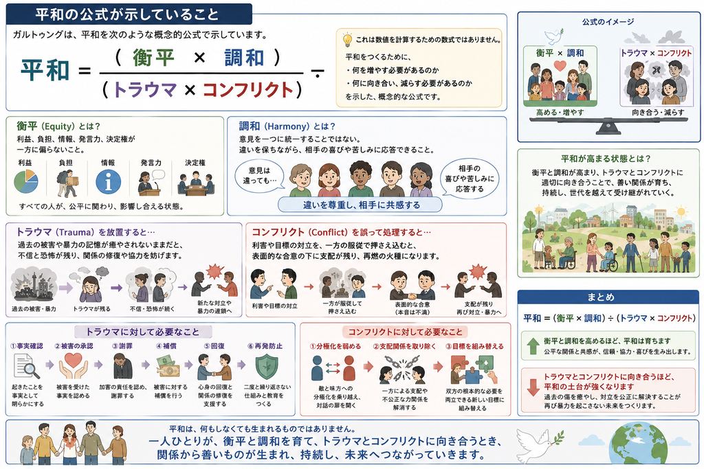 平和の公式が示していること」を説明する詳細な図解。中央上部に、ヨハン・ガルトゥングの平和についての概念的な公式として『平和=(衡平×調和)÷(トラウマ×コンフリクト)』を大きく表示している。この公式は実際に数値を代入して計算する数学的な数式ではなく、平和をつくるために何を増やし、何に向き合い、何を減らしていく必要があるのかを示す考え方であると説明している。左上の『衡平(Equity)とは?』の欄では、利益、負担、情報、発言力、決定権が一方に偏らない状態を衡平として示し、利益の配分、荷物を背負う人物、情報を示す記号、発言する人物、意思決定の場を表すイラストによって、公平に関わり合い、影響し合う社会関係を表現している。中央上の『調和(Harmony)とは?』の欄では、調和とは全員の意見を一つに統一することではなく、違いを保ちながら、相手の喜びや苦しみに応答し、共感できる関係であると説明し、異なる背景を持つ人びとが並び、『意見は違っても』『相手の喜びや苦しみに応答する』という吹き出しとともに、違いを尊重しながら共感する様子を示している。右上の『公式のイメージ』では、天秤を用いて、衡平と調和は『高める・増やす』方向、トラウマとコンフリクトは『向き合う・減らす』方向として対比している。
中段左の『トラウマ(Trauma)を放置すると…』では、過去の被害や暴力の記憶が癒やされないまま残ると、不信や恐怖が続き、関係の修復や協力を妨げることを、破壊された街や戦争の記憶、苦しむ人、不信を抱く人びと、新たな対立へ進む流れとして示している。過去の被害・暴力→トラウマが残る→不信・恐怖が続く→新たな対立や暴力の連鎖、という因果関係を図式化している。中段中央の『コンフリクト(Conflict)を誤って処理すると…』では、利益や目標の対立を、一方の服従や押さえ込みによって解決しようとすると、表面的には合意したように見えても、その下に支配や不満が残り、再び対立や暴力につながることを示している。利害や目標の対立→一方が服従して押さえ込まれる→表面的な合意が成立する→支配が残る→再び対立・暴力へ進む、という流れを人物イラストと矢印で表している。
下段左の『トラウマに対して必要なこと』では、過去の被害を放置せず平和へつなげるための対応として、①事実確認、②被害の承認、③謝罪、④補償、⑤回復、⑥再発防止の六つを順番に整理している。事実確認では起きたことを資料や調査によって明らかにし、被害の承認では傷つけられた人の経験を社会が認め、謝罪では加害の責任を認め、補償では被害に対する具体的な償いを行い、回復では心身や人間関係、生活の修復を支え、再発防止では同じ被害を繰り返さない制度や教育をつくることを、それぞれ書類、手で包まれたハート、謝罪する人物、金銭による補償、支え合う人物、盾のイラストで示している。
下段中央の『コンフリクトに対して必要なこと』では、対立を一方の勝利や服従で終わらせるのではなく、関係そのものを組み替える必要があることを説明している。具体的には、①敵と味方への分極化を弱める、②一方による支配や不公正な関係を取り除く、③双方の根本的な必要を両立できる新しい目標へ組み替える、という三段階を示している。対立する二者の距離を縮め、鎖を断ち切って支配関係を解消し、最後に双方が異なるピースを組み合わせて新しい共通目標をつくるイラストで表現している。
右中央の『平和が高まる状態とは?』では、衡平と調和が高まり、トラウマとコンフリクトに適切に向き合うことによって、善い関係が育ち、それが持続し、世代を越えて受け継がれていく状態を、子ども、高齢者、障害のある人を含む多様な人びとが共に暮らす地域社会のイラストで表現している。右下のまとめでは、『衡平と調和を高めるほど、平和は育つ』『トラウマとコンフリクトに向き合うほど、平和の土台が強くなる』と整理し、公平な関係、共感、信頼、協力を育てながら、過去の傷を癒やし、対立を公正に解決することが、再び暴力を起こさない未来につながると示している。最下部には、『平和は、何もしなくても生まれるものではありません。一人ひとりが、衡平と調和を育て、トラウマとコンフリクトに向き合うとき、関係から善いものが生まれ、持続し、未来へつながっていきます。』というメッセージが配置され、白い鳩、地球、多様な人びとのイラストによって、平和が関係・制度・社会・未来世代へ広がっていくイメージを表現している。
