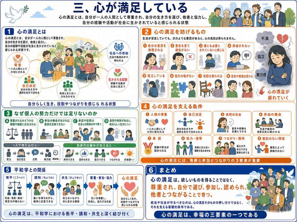 「三、心が満足している」をテーマに、平和学の視点から心の満足を支える社会的条件を詳しく整理した図解。最上部には『心の満足とは、自分が一人の人間として尊重され、自分の生き方を選び、他者と協力し、自分の経験や活動が社会に生かされていると感じられる状態』という定義が示されている。左上の第1欄『心の満足とは』では、多様な世代や立場の人びとが地域社会の中で交流するイラストを中心に、心の満足を構成する要素として『尊重』『自己決定』『協力』『社会への参加』『生かされる経験』を示している。尊重とは、一人の人間として大切に扱われること。自己決定とは、自分の生き方や選択を自分で決められること。協力とは、他者と支え合い、力を合わせられること。社会への参加とは、社会や集団の中で関わりを持ち、意思決定や活動に参加できること。生かされる経験とは、自分の経験や活動が社会の役に立っていると感じられることである。下部には『自分らしく生き、役割やつながりを感じられる状態』とまとめられている。
右上の第2欄『心の満足を妨げるもの』では、生活が安定していても、尊厳や参加、つながりが失われると心の満足には至らないことを、八つの例で示している。第一に『自分の意思を無視される』は、本人の希望や考えが尊重されず、他人に決められてしまう状態。第二に『意見を言う機会がない』は、発言や表現の場が与えられず、自分の考えを社会に届けられない状態。第三に『誰にも必要とされていないと感じる』は、自分の存在や役割を認められず、孤立感を抱く状態。第四に『評価されない』は、努力や経験、活動が認められない状態。第五に『孤立している』は、他者とのつながりが乏しく、支え合う関係を持てない状態。第六に『協力の場がない』は、他者と一緒に課題を解決したり価値を生み出したりする機会がない状態。第七に『役割を奪われる』は、社会や集団の中で自分が果たしてきた役割や居場所を失う状態。第八に『差別や軽視を受ける』は、属性や立場によって尊厳を損なわれたり、平等に扱われなかったりする状態を表している。これらが重なると、『不満』『孤立』『無力感』が強まり、心の満足が崩れていくことを、苦しむ人物と矢印によって示している。
左中央の第3欄『なぜ個人の努力だけでは足りないのか』では、心の満足が本人の気の持ち方や努力だけでは実現できない理由を四つに整理している。A『尊重されるかどうかは周囲や制度に左右される』では、個人が自分を大切に思っていても、社会や集団が尊厳を認めなければ満足は得にくいことを示している。B『参加の機会がなければ意思を反映できない』では、発言や参加の仕組みがなければ、自分の考えを社会に反映できないことを説明している。C『承認や役割は社会との関係の中で育つ』では、人から認められ、役割を持つことは他者との関係によって生まれることを示している。D『差別や排除があると自分らしく生きにくい』では、差別や偏見によって自由な選択や参加が妨げられることを示している。下部には、一人で抱え込んだ場合の流れとして『孤立→自己否定→沈黙→無力感』が示され、それに対して社会の仕組みが支える場合には『参加できる→認められる→協力できる→つながれる→好循環へ』という流れが示されている。
右中央の第4欄『心の満足を支える条件』では、心の満足に必要な社会的条件を八つに整理している。①人格の尊重は、一人の人間として大切に扱われること。②自己決定は、自分の生き方や選択を自分で決められること。③表現の自由は、自分の意見や経験を言葉にできること。④参加の機会は、社会や集団の意思決定に関われること。⑤承認は、自分の経験や努力、存在が認められること。⑥協力・連帯は、他者と支え合い、共通の課題に取り組めること。⑦つながり・関係は、孤立せず、安心できる人間関係を持てること。⑧差別のない環境は、属性や立場を理由に排除されず、平等に関われることとして示されている。欄の下部には、『心の満足には、尊厳と参加とつながりの三要素が重要』とまとめられている。
左下の第5欄『平和学との関係』では、心の満足が平和学における『衡平』『調和』『共生』とどのように結び付くかを段階的に図示している。衡平では、利益、負担、機会、発言力が一方に偏らないことを天秤のイラストで表現している。調和では、違いを保ちながら相手に応答し、共感し合えることを対話する人物で示している。共生では、異なる人びとが支え合いながら一緒に生きる関係を表している。そこから『尊重・参加・協力』へつながり、最終的に『心の満足』へ至る流れが示されている。つまり、心の満足とは個人の内面的な快楽だけではなく、公平な関係、相互理解、共に生きる社会関係の中で育つことを表している。
右下の第6欄『まとめ』では、『心の満足は、欲しいものを得ることではなく、尊重され、自分で選び、参加し、認められ、他者とつながることで育つ』という結論が大きく示されている。さらに、政治や社会が守るべきなのは、心の満足そのものを押し付けることではなく、それを支える尊厳、自己決定、表現、参加、承認、協力、つながりの条件を整えることであると説明している。最後に『心の満足は、幸福の三要素の一つである』とまとめられ、多世代・多様な人びとが笑顔で集うイラストによって、尊重、参加、協力、つながりを通じて、一人ひとりが自分らしく社会の中で生きられる状態を表現している。」