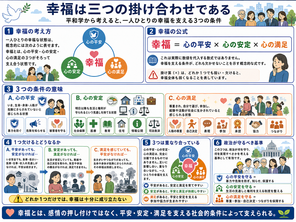 「幸福は三つの掛け合わせである」をテーマに、平和学の視点から一人ひとりの幸福を支える三つの条件を詳しく整理した図解。最上部には『幸福は三つの掛け合わせである』という大見出しと、『平和学から考えると、一人ひとりの幸福を支える3つの条件』という説明が示されている。左上の第1欄『幸福の考え方』では、幸福を単一の感情ではなく、『心の平安』『心の安定』『心の満足』という三つの条件がそろって支え合う状態として整理している。中央には『幸福』の文字とハート、その周囲に青色の『心の平安』、緑色の『心の安定』、橙色の『心の満足』という三つの円が配置され、三要素が互いに結び付いて幸福を支えることを表している。
右上の第2欄『幸福の公式』では、『幸福=心の平安×心の安定×心の満足』という概念的な式を大きく表示している。この式は実際に数値を代入して計算する数学的な数式ではなく、幸福を支える条件のどれも欠かせないことを示す概念的な表現であると説明している。掛け算という形を使うことで、どれか一つの条件が弱かったり欠けたりすると、幸福全体も弱くなることを示している。
中央の第3欄『3つの条件の意味』では、三つの要素をそれぞれ具体的に説明している。A『心の平安』は、いま、生命・身体・人格が危険にさらされていないと感じられる状態であり、暴力を防ぐこと、危険を知らせること、被害者を守ることが社会的な条件として示されている。B『心の安定』は、今日だけでなく明日以降も生活と権利が守られるという見通しを持てる状態であり、社会保障、医療、教育、住宅、情報公開、司法救済などが支える条件として並べられている。C『心の満足』は、自分が尊重され、自分で生き方を選び、社会に参加し、他者と協力し、自分の経験や活動が社会に生かされていると感じられる状態であり、人格の尊重、自己決定、表現、参加、承認、協力、つながりが必要な条件として示されている。
左下の第4欄『1つ欠けるとどうなるか』では、三つの条件のうち一つでも不足すると、幸福が十分に成り立たないことを三つの具体例で示している。Aでは、『平安があっても、安定がなければ…』として、いま安全であっても、食事、住まい、医療、仕事、収入など将来の生活の見通しがなければ、不安定な状態になることを示している。Bでは、『安定があっても、満足がなければ…』として、生活が安定していても、尊厳や自己決定を奪われ、発言や参加の機会がなければ、心の満足には至らないことを表している。Cでは、『満足を感じていても、平安がなければ…』として、生きがいやつながりを感じていても、戦争や暴力などによって生命や身体が危険にさらされていれば、その幸福は持続しないことを示している。欄の下には『どれか1つだけでは、幸福は十分に成り立たない』という注意書きが強調されている。
中央下の第5欄『3つは重なり合っている』では、心の平安・心の安定・心の満足は完全に分離できるものではなく、互いに影響し合い、支え合いながら一人ひとりの幸福を形成することを、三つの円が重なった図で表現している。心の平安があれば安定や満足を育てやすくなり、心の安定があれば平安や満足を持続させやすくなり、心の満足があれば平安や安定を支える参加や協力が生まれやすいという相互関係が示されている。
右下の第6欄『政治が守るべき基準』では、この三つの条件が、政治が何を守り、何を実現すべきかを考える基準として有効であることを示している。『心の平安を守る』とは、暴力や危険を防ぎ、知らせ、被害を受けた人を保護すること。『心の安定を守る』とは、生活の見通しと権利を支える制度を整えること。『心の満足を守る』とは、尊重、参加、自己決定、つながりを保障することとして整理されている。背景には国会議事堂と多様な市民のイラストが描かれ、政治が幸福そのものを強制するのではなく、幸福を可能にする社会的条件を整える役割を担うことを表している。
最下部には、『幸福とは、感情の押し付けではなく、平安・安定・満足を支える社会的条件によって支えられる。』というまとめが大きく示されている。全体としてこの図は、幸福を単なる気分や満足感ではなく、生命と安全が守られる『心の平安』、将来の生活と権利に見通しを持てる『心の安定』、尊厳・自己決定・参加・承認・協力・つながりを持てる『心の満足』の三つの掛け合わせとして捉え、政治や社会がこれらの条件を総合的に支えることの重要性を説明している。」