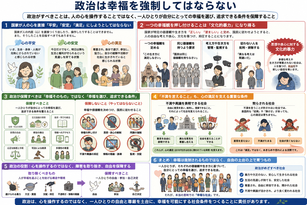 「政治は幸福を強制してはならない」をテーマに、国家が人の心を直接操作したり、一つの幸福観や価値観を押し付けたりするのではなく、一人ひとりが自分にとっての幸福を自由に選び、追求できる社会的条件を保障することが政治の役割であると説明する詳細な図解。最上部には『政治は幸福を強制してはならない』という大見出しと、『政治がすべきことは、人の心を操作することではなく、一人ひとりが自分にとっての幸福を選び、追求できる条件を保障すること』という基本原則が示されている。
左上の第1欄『国家が人の心を直接「平安」「安定」「満足」にしようとしてはならない』では、国家が人の内面や感情を直接つくり出したり操作したりすることはできず、それを目指すべきでもないと説明している。心の平安については、生命・身体・人格が危険にさらされていないと感じられる状態として、穏やかな表情の人物と白い鳩が描かれている。心の安定については、今日だけでなく明日以降も生活と権利が守られるという見通しを持てる状態として、家族や地域社会の人びとが描かれている。心の満足については、尊重され、自分で選択し、社会に参加し、他者と協力し、自分の経験や活動が社会に生かされていると感じられる状態として、人びとが対話や交流をする様子が描かれている。これらの心の状態は国家が直接与えるものではなく、社会的条件が整うことで一人ひとりの内面に生まれることを表している。
右上の第2欄『一つの幸福観を押し付けることは「文化的暴力」になり得る』では、国家が特定の価値観や生き方を『正しい』『望ましい』と定め、国民に従わせようとする危険を段階的に示している。第一に『一つの幸福観を定める』として、『この生き方に満足しなさい』と国家が特定の生活像を示す場面が描かれている。第二に『同じ価値観を持つよう要求』として、『国民は同じ価値観を持ちなさい』と画一的な考え方を求め、多様な人びとが同じ姿にそろえられるイメージが描かれている。第三に『考え方や生き方を管理・監視する』として、監視カメラや管理する人物によって個人の思想や生活を監視する様子が示されている。第四に『従わない人を批判・排除する』として、異なる意見を持つ人物が周囲から非難される様子を描き、このような価値観の強制が思想や良心を傷つける『文化的暴力』につながり得ると説明している。右端には、異なる生き方や考え方が認められない社会は、人を傷つけ、創造性や新しい価値を奪うという警告が示されている。
中央左の第3欄『政治が保障すべきは「幸福そのもの」ではなく「幸福を選び、追求できる条件」』では、政治が保障すべきことと、保障してはならないことを対比している。保障すべき条件として、生命・安全の保障、生活基盤の保障、教育や学びの機会、表現の自由、政治や社会への参加の機会、情報へのアクセス、公正な制度と手続、司法による救済、多様性の尊重などがアイコンとともに示されている。一方、政治がしてはならないこととして、幸福の押し付け、思想・良心の統制、同調の強制、不満や異議の抑圧、情報の隠蔽や誘導、監視や支配などに禁止マークが付けられている。ここでは、政治が国民に『幸福になれ』『満足しろ』と命令するのではなく、それぞれの人が自分の価値観に基づいて幸福を選択できる土台をつくることが重要だと整理している。
中央右の第4欄『「不満を言えること」も、心の満足を支える重要な条件』では、政治への不満を言わなくなることが満足なのではないことを説明している。左側には『不満や異議を表明できる社会』として、市民が自由に意見を述べ、異なる意見を尊重し合い、社会を変えることができる流れが描かれている。意見を自由に表明する、市民同士が異なる考えを尊重する、その声によって政治や制度を変える、という循環が示されている。これに対して右側には『黙らされる社会』として、不満を言うことが許されず、沈黙や服従が求められる状態を描いている。意見を言えない、不満が蓄積する、社会が改善されないという流れが示され、表面的に静かな社会であっても、それは本当の『満足』ではなく、諦めや恐れによる沈黙であると説明している。つまり、異議申し立てや批判の自由そのものが、人が尊重され、社会に参加していると感じるための重要な条件であることを示している。
左下の第5欄『政治の役割:心を操作するのではなく、障害を取り除き、自由を保障する』では、政治が取り除くべき社会的障害と、保障すべき自由を対比している。取り除くべきものとして、避けることのできる暴力、欠乏や貧困、支配・抑圧、不透明さや情報の隠蔽などが描かれている。これらは、人が自分の意思で人生を選び、社会に参加することを妨げる要因として整理されている。その右側では、政治が保障すべきものとして『自由』『参加』『自己決定』が示され、白い鳩、人びとの対話や集まり、進む方向を自分で選ぶ人物などのイラストによって、一人ひとりが自分の人生を主体的に選択できる社会を表現している。つまり、政治は人の心の中に幸福をつくるのではなく、幸福を妨げる暴力、欠乏、支配、不透明さなどを取り除き、その上で自由・参加・自己決定を保障するべきだという構造を示している。
右下の第6欄『まとめ:幸福は強制されるものではなく、自由の土台の上で育つもの』では、多様な年齢、性別、立場、障害の有無などを含む人びとが並び、一人ひとりがそれぞれ異なる価値観や生き方に基づいて、自分にとっての幸福を選択し追求できる社会こそが目指すべき姿であると示している。『政治がめざすべき社会』として、暴力や欠乏のない安心して生きられる社会、生活の見通しを持てる安定した社会、尊重され自由に参加できる開かれた社会、不満や異議が活かされ、より良く変われる社会が整理されている。
最下部には、『政治は、心を操作するのではなく、一人ひとりの自由と尊厳を土台に、幸福を可能にする社会条件をつくることに責任があります。』という結論が大きく示されている。全体としてこの図は、国家が特定の幸福観、価値観、生き方を国民に押し付けることは思想・良心に対する文化的暴力になり得る一方、政治が保障すべきなのは幸福そのものではなく、暴力や欠乏、支配、不透明さを取り除き、生命・生活・自由・表現・参加・自己決定・情報・救済・多様性を保障することで、一人ひとりが自分自身の幸福を自由に選び追求できる条件を整えることである、という考え方を詳しく表現している。」