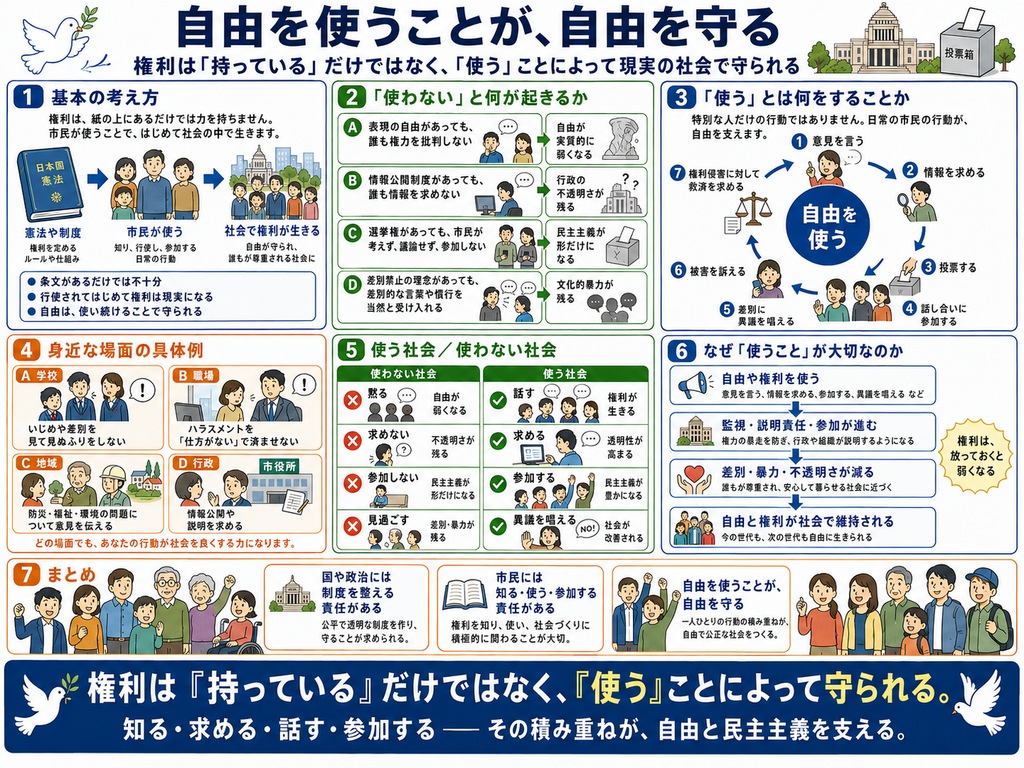 「自由を使うことが、自由を守る」をテーマに、憲法上の権利は持っているだけではなく、市民が実際に使うことで現実の社会の中で維持されることを説明した図解。最上部には『権利は「持っている」だけではなく、「使う」ことによって現実の社会で守られる』という考え方が示されている。左上の第1欄『基本の考え方』では、日本国憲法、社会制度、市民、社会の流れを図示し、憲法や制度として権利が存在するだけでは十分ではなく、市民が権利を知り、行使し、参加することで自由が現実の社会に根づくと説明している。『条文があるだけでは不十分』『行使されてはじめて権利は現実になる』『自由は、使い続けることで守られる』という三つのポイントが示されている。
中央上の第2欄『「使わない」と何が起きるか』では、権利が存在していても使われなければ弱くなる具体例を四つ示している。Aでは、表現の自由があっても誰も権力を批判しなければ、自由が実質的に弱くなることを示す。Bでは、情報公開制度が存在していても誰も情報を求めなければ、行政の不透明さが残ることを示す。Cでは、選挙権があっても市民が考え、議論し、参加しなければ、民主主義が形だけになることを示す。Dでは、差別禁止の理念があっても差別的な言葉や慣行を当然として受け入れれば、文化的暴力が残ることを示している。
右上の第3欄『「使う」とは何をすることか』では、中央に『自由を使う』という円を置き、その周囲に七つの具体的行動を循環させている。①意見を言う、②情報を求める、③投票する、④話し合いに参加する、⑤差別に異議を唱える、⑥被害を訴える、⑦権利侵害に対して司法救済を求める、という行動が矢印でつながれている。自由を使うことは特別な政治活動だけではなく、日常の中で意見を表明し、情報を求め、参加し、異議を申し立てることでもあると示している。
左中央の第4欄『身近な場面の具体例』では、学校、職場、地域、行政の四つの場面を示している。学校では、いじめや差別を見て見ぬふりをしないこと。職場では、ハラスメントを『仕方がない』で済ませず声を上げること。地域では、防災、福祉、環境などの問題について意見を伝えること。行政では、情報公開や説明を求めることが描かれている。どの場面でも、市民の行動が社会をより良くする力になると整理されている。
中央の第5欄『使う社会/使わない社会』では、権利を使わない社会と使う社会を対比している。使わない社会では、『黙る』ことで自由が弱くなり、『情報を求めない』ことで不透明さが残り、『参加しない』ことで民主主義が形だけになり、『差別を見過ごす』ことで差別や暴力が残る。一方、使う社会では、『話す』ことで権利が生き、『情報を求める』ことで透明性が高まり、『参加する』ことで民主主義が豊かになり、『異議を唱える』ことで社会が改善されることを示している。
右中央の第6欄『なぜ「使うこと」が大切なのか』では、自由や権利を使うことから社会の改善へ至る流れを段階的に示している。まず、意見を言う、情報を求める、参加する、異議を唱えるなどによって自由や権利が実際に行使される。次に、権力への監視、行政の説明責任、市民参加が進む。その結果、差別、暴力、不透明さが減り、誰もが尊重され安心して暮らせる社会に近づく。そして、自由と権利が現在だけでなく次の世代にも維持されるという流れが描かれている。横には『権利は、放っておくと弱くなる』という警告が示されている。
下段の第7欄『まとめ』では、国や政治には制度を整える責任があり、市民には権利を知り、使い、社会づくりに参加する責任があると整理している。『自由を使うことが、自由を守る』という結論とともに、一人ひとりの行動の積み重ねが自由で公正な社会をつくると示している。最下部には、『権利は「持っている」だけではなく、「使う」ことによって守られる。知る・求める・話す・参加する――その積み重ねが、自由と民主主義を支える。』というメッセージが大きく配置されている。全体として、表現の自由、情報公開、選挙権、差別禁止などの権利や制度は、市民が実際に利用し、意見を述べ、情報を求め、政治や社会に参加し、必要なときに異議を申し立てることで初めて実質的に機能し続けることを示した図解。」