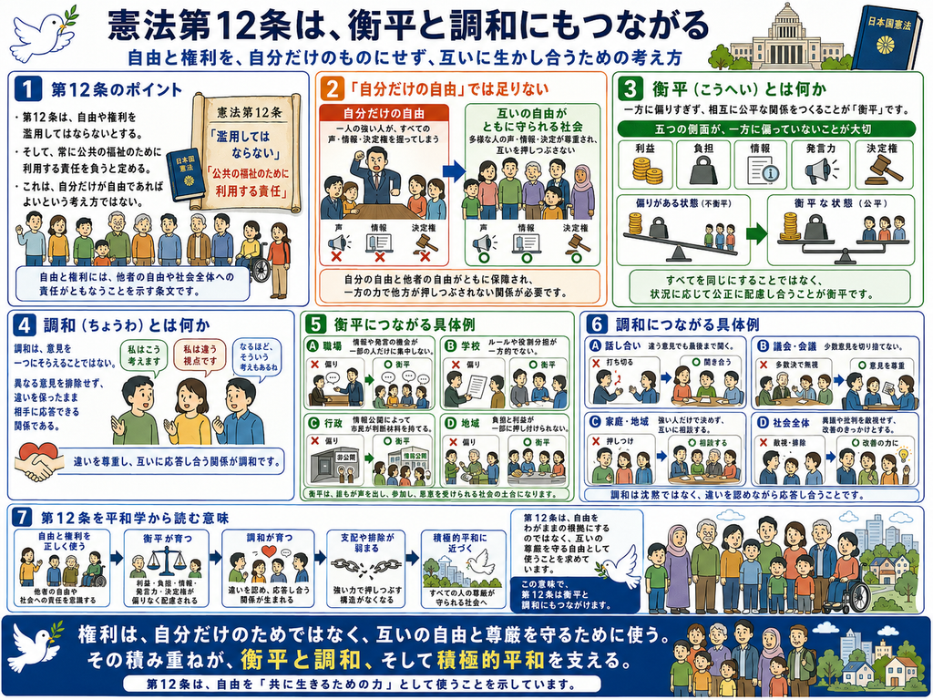 「『憲法第12条は、衡平と調和にもつながる』をテーマにした市民教育ポスター。上部に『自由と権利を、自分だけのものにせず、互いに生かし合うための考え方』という副題があり、白い鳩、国会議事堂、日本国憲法の本のイラストが添えられている。第1欄『第12条のポイント』では、憲法第12条が、自由や権利を濫用してはならず、常に公共の福祉のために利用する責任を負うと定めていることを示し、これは自分だけが自由であればよいという考え方ではないと説明している。多様な市民のイラストの下に、『自由と権利には、他者の自由や社会全体への責任もともなうことを示す条文です』と書かれている。第2欄『自分だけの自由では足りない』では、左に『自分だけの自由』として、一人の強い人が声、情報、決定権を独占してしまう場面を描き、右に『互いの自由がともに守られる社会』として、多様な人々の声、情報、決定権が共に押しつぶされない社会を描いている。中央の矢印で、自分の自由と他者の自由がともに保障され、一方の力で他方が押しつぶされない関係が必要だと示している。第3欄『衡平(こうへい)とは何か』では、利益、負担、情報、発言力、決定権の五つの側面が一方に偏っていないことが大切だと説明している。上段に五つの項目のアイコンが並び、下段では、天秤が傾いている『偏りがある状態(不衡平)』と、均衡がとれている『衡平な状態(公平)』を比較している。欄の下には『すべてを同じにすることではなく、状況に応じて公正に配慮し合うことが衡平です』とある。第4欄『調和(ちょうわ)とは何か』では、調和とは意見を一つにそろえることではなく、異なる意見を排除せず、違いを保ったまま相手に応答できる関係であると説明している。3人の人物が『私はこう考えます』『私は違う視点です』『なるほど、そういう考えもあるね』と吹き出しで対話しており、下に握手のイラストとともに『違いを尊重し、互いに応答し合う関係が調和です』と書かれている。第5欄『衡平につながる具体例』では、A職場、B学校、C行政、D地域の四つの場面が示されている。職場では情報や発言の機会が一部の人だけに集中しないこと、学校ではルールや役割分担が一方的でないこと、行政では情報公開によって市民が判断材料を得られること、地域では負担と利益が一部に押し付けられないことを、偏りのある場合と衡平な場合の対比で示している。欄の下には『衡平は、誰もが声を出し、参加し、意見を受けられる社会の土台になります』と書かれている。第6欄『調和につながる具体例』では、A話し合い、B議会・会議、C家庭・地域、D社会全体の四つの場面が示されている。話し合いでは違う意見でも最後まで聞くこと、議会や会議では少数意見を切り捨てないこと、家庭や地域では強い人だけで決めず互いに相談すること、社会全体では異議や批判を敵視せず改善のきっかけとすることを、悪い例と良い例の対比で示している。欄の下には『調和は沈黙ではなく、違いを認めながら応答し合うことです』とある。第7欄『第12条を平和学から読む意味』では、左から右へ、自由と権利を正しく使う→衡平が育つ→調和が育つ→支配や排除が弱まる→積極的平和に近づく、という流れを矢印で示している。各段階に、他者の自由への責任を認識する、利益・負担・情報・発言力・決定権を偏りなく配慮する、違いを認め応答し合う、強い力で押しつぶす構造がなくなる、すべての人の尊厳が守られる社会へ、という説明が添えられている。右側の吹き出しには『第12条は、自由をわがままの権利にするのではなく、互いの尊厳を守る自由として使うことを求めています。この意味で、第12条は衡平と調和にもつながります。』と書かれている。最下部の青い帯には、多様な市民のイラストとともに、『権利は、自分だけのためでなく、互いの自由と尊厳を守るために使う。その積み重ねが、衡平と調和、そして積極的平和を支える。』という大きなまとめがあり、その下に『第12条は、自由を「共に生きるための力」として使うことを示しています。』と記されている。」**