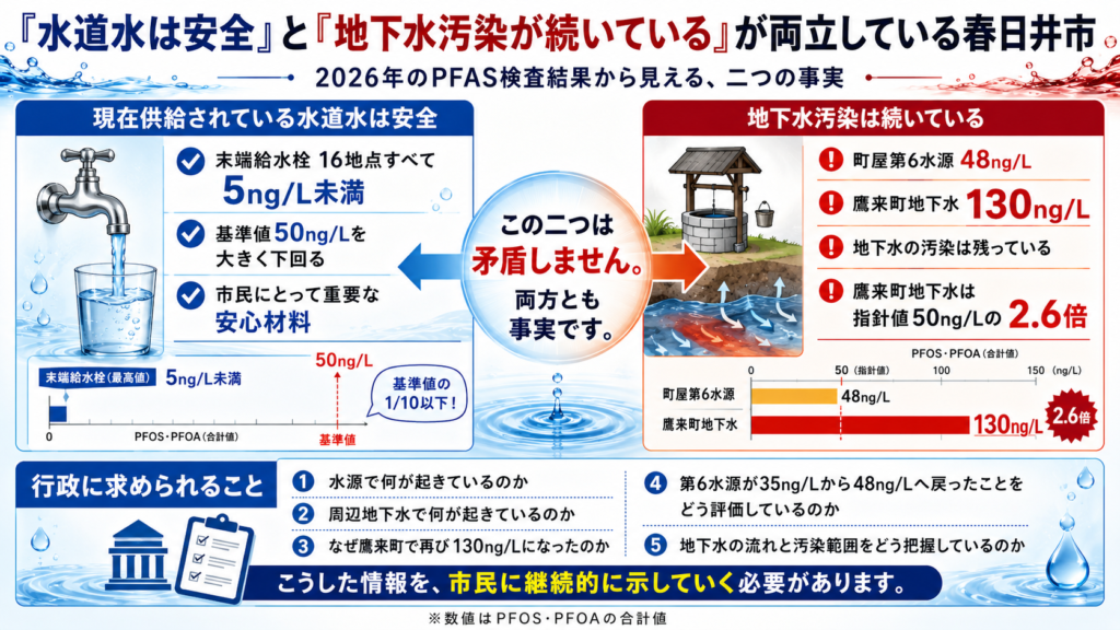 PFAS 愛知県 春日井市の比較図 水道水は全16地点で5ng/L未満と安全性が確認される一方、町屋第6水源48ng/L、鷹来町地下水130ng/Lで地下水汚染が続いていることを示す図