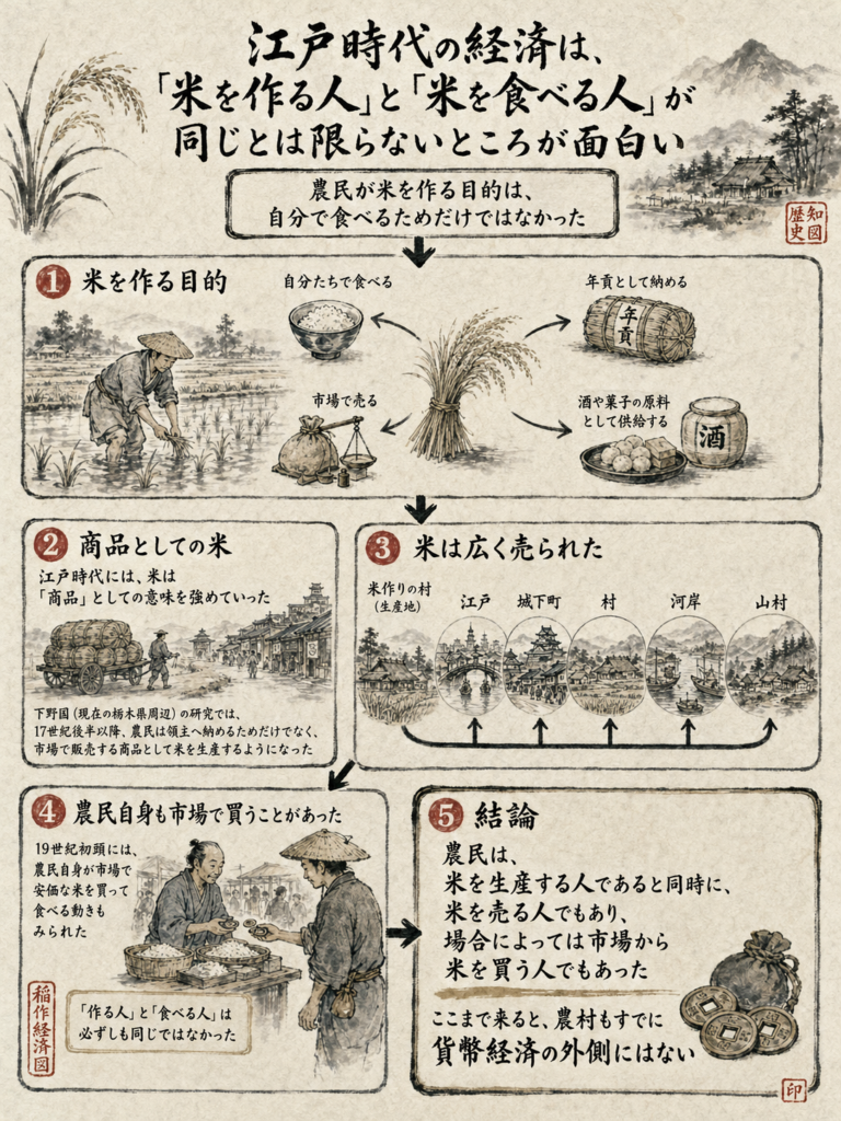 江戸時代の経済は、「米を作る人」と「米を食べる人」が同じとは限らないところが面白いイメージ