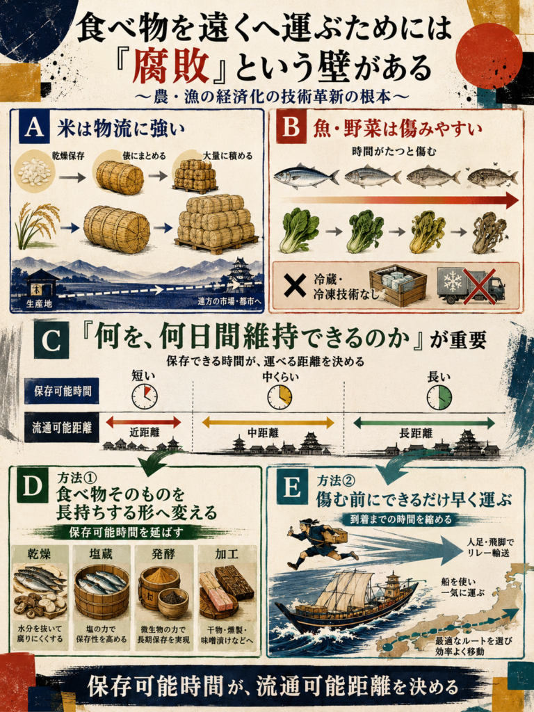 食べ物を遠くへ運ぶためには「腐敗」という壁がある ~農・漁の経済化の技術革新の根本~の図