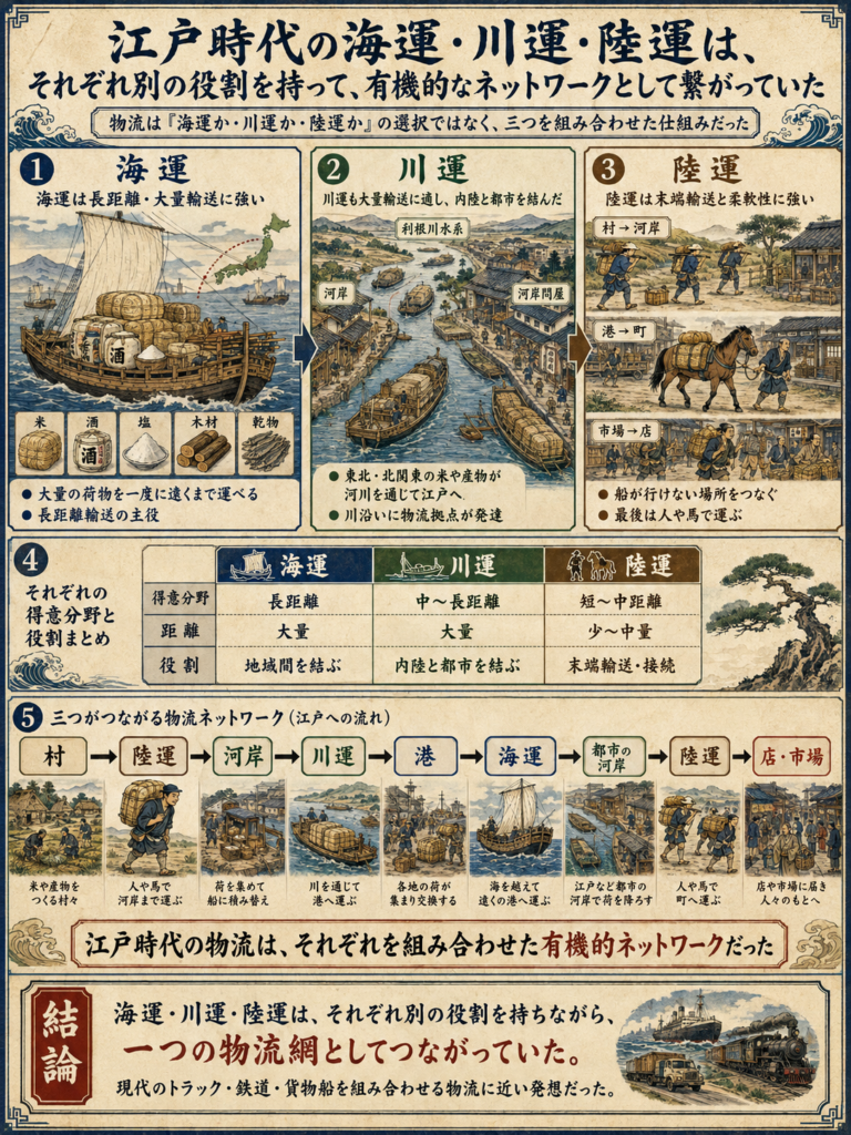 江戸時代の海運・川運・陸運は、それぞれ別の役割を持って、有機的なネットワークとして繋がっていた。の図