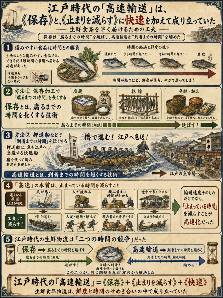 江戸時代の「高速輸送」は、《保存》と、《止まりを減らす》に快速を加えて成り立っていた。の図