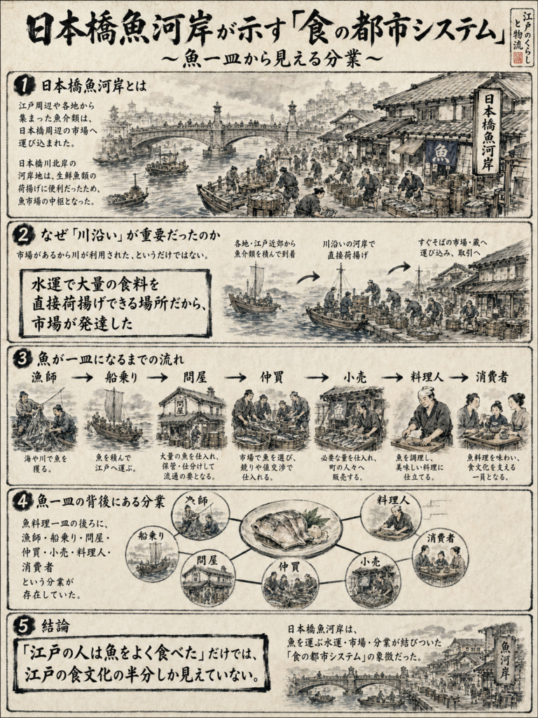 日本橋魚河岸が示す「江戸時代の食の都市システム」~魚一皿から見える分業~の図