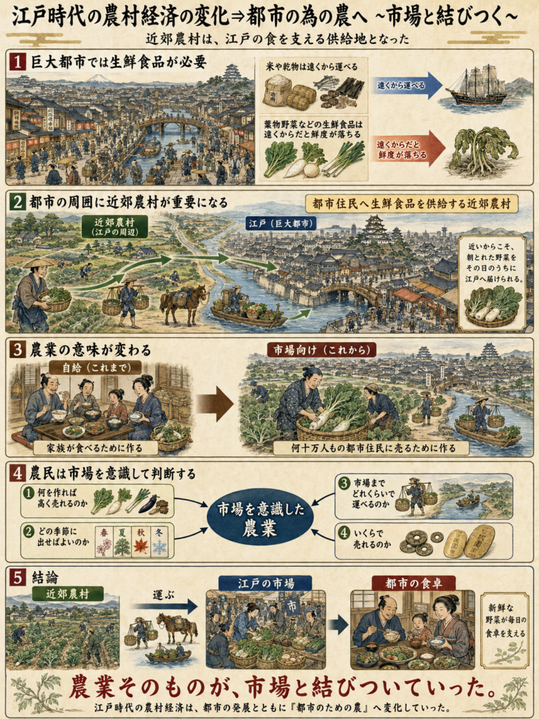 江戸時代の農村経済の変化⇒都市の為の農へ ~市場と結びつく~の図