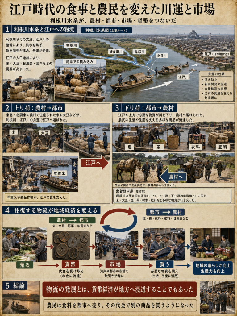 江戸時代の食事と農民を変えた川運と市場を実写で説明