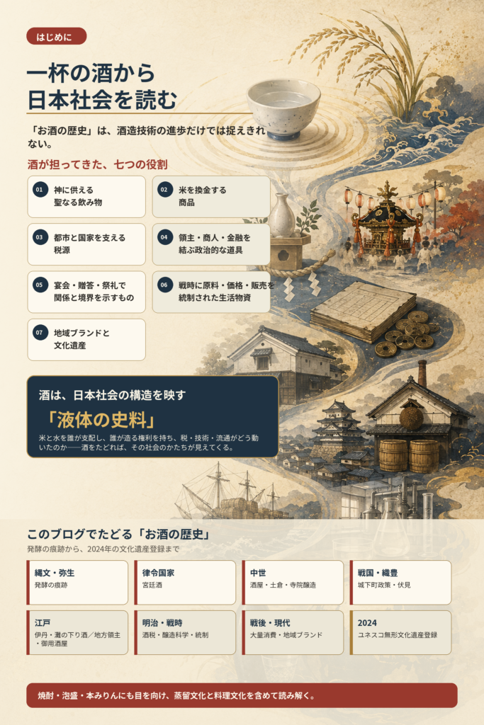 一杯の酒を起点に、祭祀、商品、税、政治、共同体、戦時統制、文化遺産という酒の役割と、縄文・弥生から現代までのお酒の歴史を表した図解。