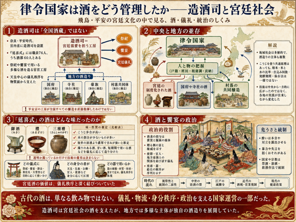 奈良・平安時代の造酒司を背景に、宮廷向け官営工房と地方の酒造りの違いをまとめた図解。