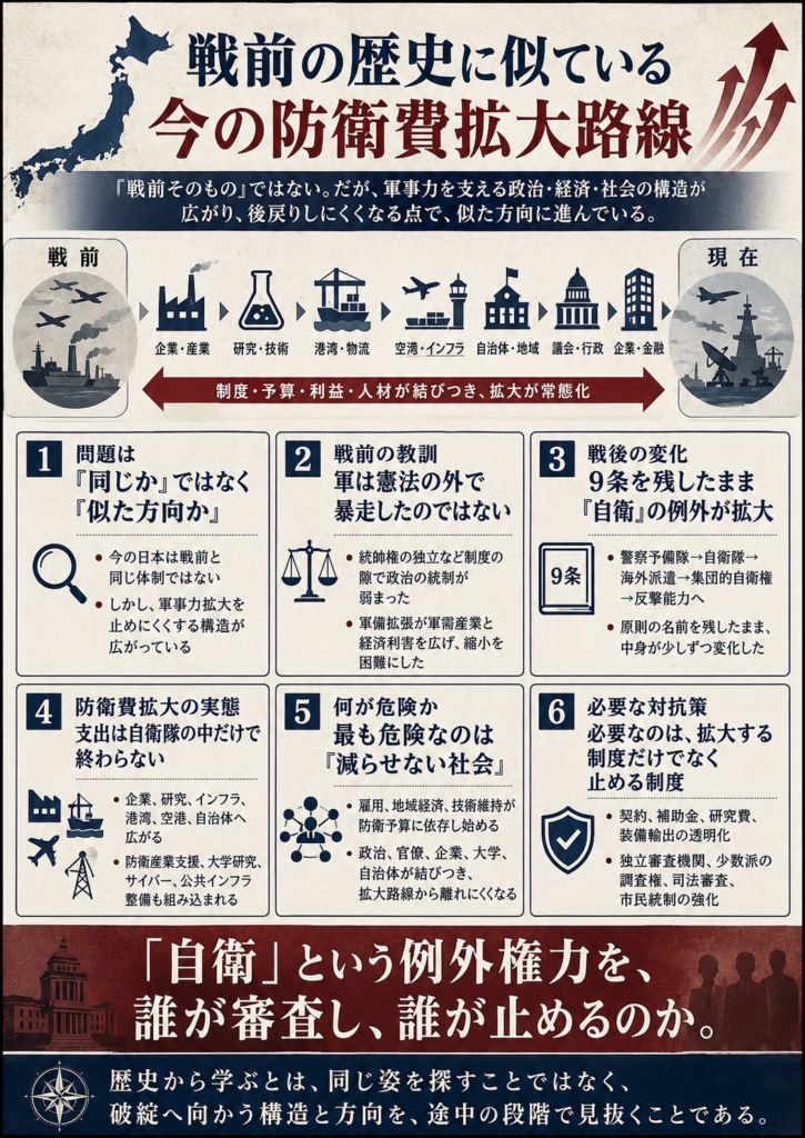 「戦前の歴史に似ている今の防衛費拡大路線」を解説する図。戦前と現在を対比し、防衛費拡大が企業、研究、港湾・空港、自治体、行政、金融へ広がり、軍事力を縮小しにくい社会構造をつくる危険性と、独立審査や情報公開など『止める制度』の必要性を示している。