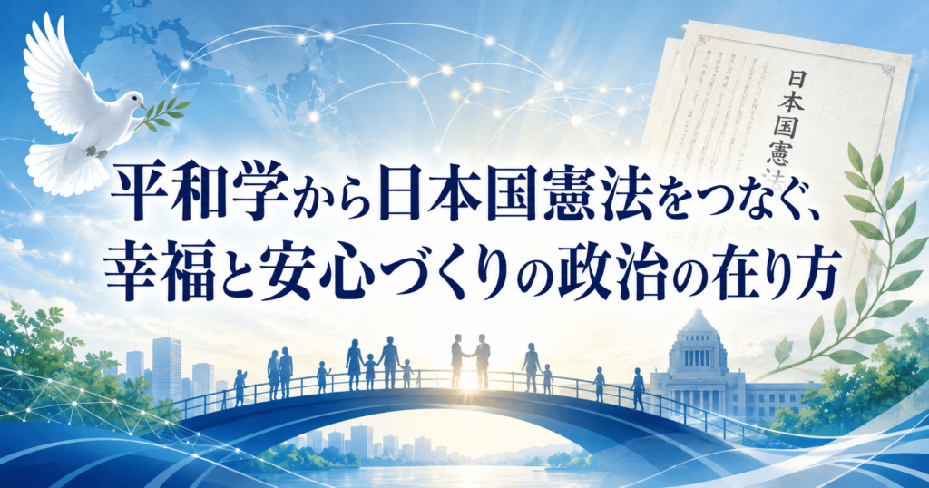 「平和学から日本国憲法をつなぐ、幸福と安心づくりの政治の在り方」をテーマに、白い鳩とオリーブの枝、日本国憲法、国会議事堂、市民が行き交う橋、世界を結ぶ光のネットワークを描いたアイキャッチ画像。戦争がないだけでなく、人権・安心・幸福を社会制度として支える積極的平和と、日本国憲法を結び付ける考え方を表現している。