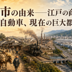 『豊田市の由来――江戸の商道からトヨタ自動車、現在の巨大都市まで』というタイトルを掲げたアイキャッチ画像。左側には江戸時代の挙母をイメージした城下町と川沿いの町並み、荷物を積んだ舟、荷馬を引く中馬の姿が描かれ、矢作川舟運や街道を利用して人や物が行き交った時代を表現している。中央には蒸気機関車と近代的な工場が配置され、明治・大正期の鉄道整備や養蚕・製糸などの商品経済から工業化へ移行していく過程を象徴。右側には広大な自動車工場、高速道路、市街地、山並みが広がり、トヨタ自動車を中心に発展した現在の豊田市を表現している。江戸時代の商道、近代の鉄道と工業化、現代の自動車産業都市という三つの時代を一続きの風景として描き、豊田市が人・物・交通・産業の『つながり方』を変えながら発展してきた歴史を示している。