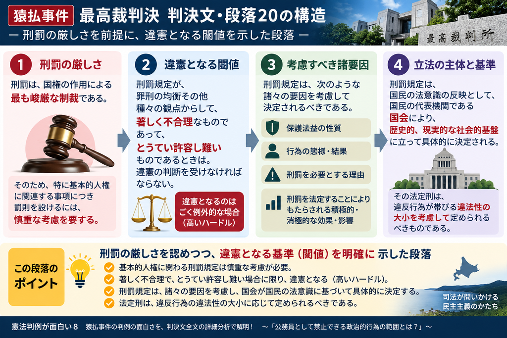 猿払事件最高裁判決の判決文・段落20について、刑罰規定の合憲性を判断する基準を整理した図解。最高裁はまず、刑罰が国権の作用による最も峻厳な制裁であり、特に基本的人権に関わる罰則を設ける際には慎重な考慮が必要だと確認する。そのうえで、刑罰規定が罪刑の均衡などの観点から著しく不合理で、到底許容し難い場合に限って違憲となるという高い違憲判断の閾値を示す。さらに、刑罰規定を定める際には、保護法益の性質、行為の態様・結果、刑罰を必要とする理由、刑罰によって生じる積極的・消極的な効果や影響などを総合的に考慮すべきとする。刑罰の具体的内容は、国民の法意識を反映する国民代表機関である国会が、歴史的・現実的な社会的基盤に立って決定し、法定刑は違反行為の違法性の大小に応じて定めるべきだと整理している。図では、①刑罰の厳しさ、②違憲となる高い閾値、③考慮すべき諸要因、④国会による立法判断、という流れに分解し、この段落が刑罰の峻厳性を認めながらも、違憲判断を例外的な場合に限定して立法裁量を広く認める出発点であることを示している。