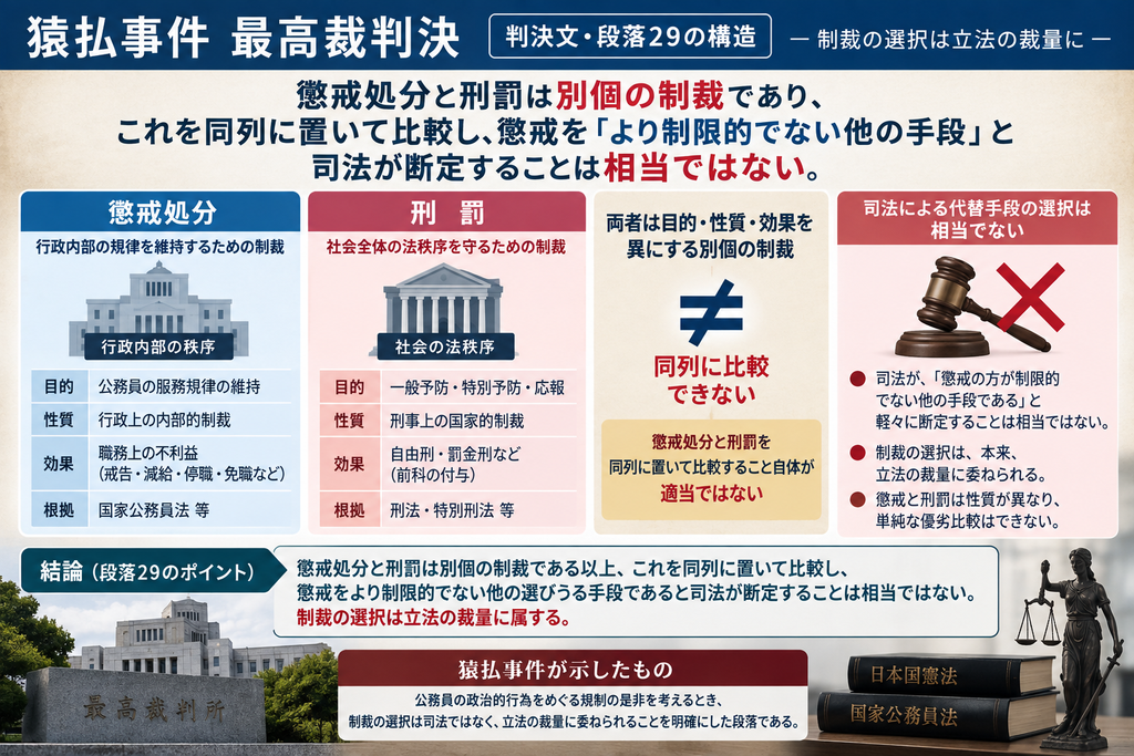 猿払事件最高裁判決の判決文・段落29について、懲戒処分と刑罰の違いを整理した図解。左側では、懲戒処分を行政内部の規律維持を目的とする制裁として示し、目的は公務員の服務規律の維持、性質は行政上の内部的制裁、効果は戒告・減給・停職・免職など、根拠は国家公務員法等と整理している。中央では、刑罰を社会全体の法秩序を守るための制裁として示し、目的は一般予防・特別予防・応報、性質は刑事上の国家的制裁、効果は自由刑・罰金刑など、根拠は刑法・特別刑法等と整理している。両者は目的・性質・効果を異にする別個の制裁であり、単純に同列比較できないことを『≠』で表現している。右側では、司法が懲戒を『刑罰より制限的でない代替手段』と軽々に選択することは相当ではなく、制裁の選択は本来、立法府の裁量に委ねられるとする多数意見の考え方を示している。下部では、段落29の結論として、懲戒と刑罰を単純な軽重比較で捉えず、制裁選択を司法判断ではなく立法裁量の問題として位置付ける段落であることをまとめている。