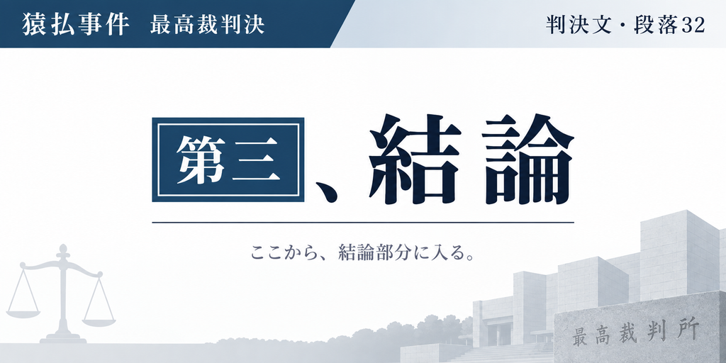 猿払事件最高裁判決の判決文・段落32『第三、結論』を示したシンプルな図。上部に『猿払事件 最高裁判決』『判決文・段落32』と表示し、中央に大きく『第三、結論』、その下に『ここから、結論部分に入る。』と配置している。背景には最高裁判所の建物と天秤を薄く描き、この段落が、それまで展開してきた合憲性判断や罰則の検討を終え、最高裁が最終的な結論を示す部分へ移行する区切りであることを視覚的に表している。