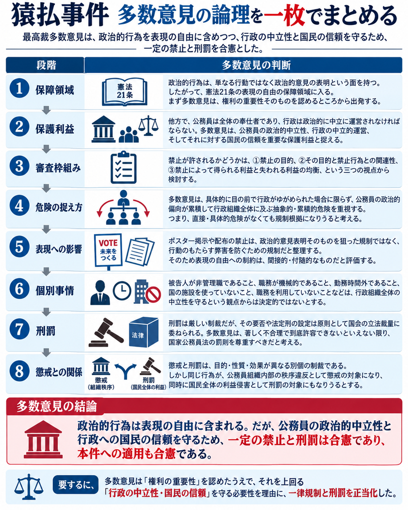猿払事件の最高裁多数意見の論理を一枚で整理した図解。全体は8段階で構成されている。第1段階『保障領域』では、政治的行為は単なる行動ではなく政治的意見の表明という面を持つため、憲法21条の表現の自由の保障領域に入ると示す。第2段階『保護利益』では、公務員の政治的中立性、行政の中立的運営、これに対する国民の信頼を重要な保護利益と位置づける。第3段階『審査枠組み』では、禁止の目的、目的と禁止行為との関連性、禁止によって得られる利益と失われる利益の均衡という三つの観点から合憲性を検討すると整理する。第4段階『危険の捉え方』では、具体的・直接的な危険が現実に生じていなくても、公務員の政治的偏向が累積して行政組織全体に及ぶ抽象的・累積的危険を重視すると説明する。第5段階『表現への影響』では、ポスター掲示や配布の禁止は政治的意見そのものを狙った規制ではなく、行動に伴う弊害を防ぐための規制であり、表現の自由への制約は間接的・付随的なものと評価する。第6段階『個別事情』では、被告人が非管理職であること、職務が機械的であること、勤務時間外であること、国の施設を使っていないことなどは、行政組織全体の中立性という観点からは決定的ではないとする。第7段階『刑罰』では、刑罰は厳しい制裁であるが、その必要性や法定刑の設定は原則として国会の立法裁量に委ねられ、著しく不合理で許容し難い場合でない限り尊重されると示す。第8段階『懲戒との関係』では、懲戒と刑罰は目的・性質・効果が異なる別個の制裁だが、同一行為が公務員組織内部の秩序違反として懲戒の対象となると同時に、国民全体の利益侵害として刑罰の対象にもなり得ると整理する。下部の結論部分では、政治的行為は表現の自由に含まれるが、公務員の政治的中立性と行政に対する国民の信頼を守るため、一定の禁止と刑罰は合憲であり、本件への適用も合憲であるとまとめている。最後に、要するに多数意見は『権利の重要性』を認めたうえで、それを上回る『行政の中立性・国民の信頼』を守る必要性を理由に、一律規制と刑罰を正当化したことを示している。