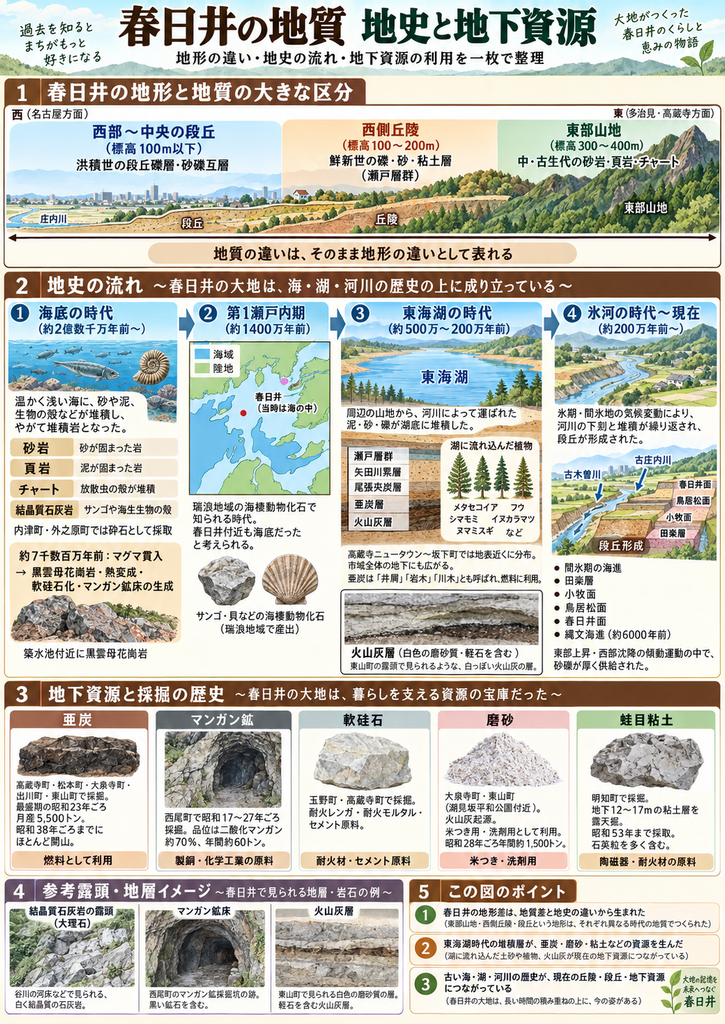 春日井市の地質・地史・地下資源をまとめた縦長のインフォグラフィック。上部では、西部から東部へ向かう地形断面を示し、西部~中央部の標高100メートル以下の段丘、標高100~200メートルの丘陵、標高300~400メートルの東部山地を比較している。中央では、春日井の地史を「約2億数千万年前の海底の時代」「約1400万年前の第1瀬戸内期」「約500万~200万年前の東海湖の時代」「約200万年前以降の氷河時代から現在」へと時系列で図解。海底に堆積した砂岩・頁岩・チャート、マグマ貫入による熱変成やマンガン鉱床、東海湖に堆積した瀬戸層群・尾張夾炭層、亜炭や火山灰層、古庄内川・古木曽川による段丘形成などをイラストと地層断面で示している。下部には、春日井でかつて採掘された亜炭、マンガン鉱、軟硅石、磨砂、蛙目粘土を並べ、燃料、製鋼・化学工業、耐火材、米つき・洗剤、陶磁器原料などの用途を紹介している。全体として、春日井の現在の地形と地下資源が、長い海・湖・河川の歴史によって形成されたことを視覚的に説明した図。