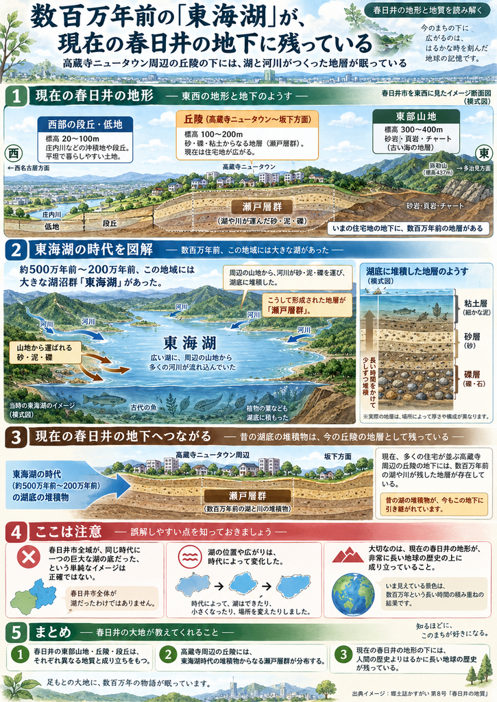 「数百万年前の『東海湖』が、現在の春日井の地下に残っている」というタイトルの縦長インフォグラフィック。上部では、現在の春日井市を西から東へ見た模式断面図を示し、西部の段丘・低地、中央の丘陵、高蔵寺ニュータウン周辺、そして東部山地を比較している。丘陵の地下には「瀬戸層群」と表示された地層断面が描かれ、湖や川が運んだ砂・泥・礫が積み重なってできたことが示されている。中央では、約500万年前から200万年前にかけて存在した大きな湖沼群「東海湖」を大きな湖の景観図で説明し、周辺の山地から河川が流れ込み、砂・泥・礫が湖底に堆積していく様子を矢印で表現している。右側には湖底の堆積断面図があり、上から粘土層、砂層、礫層が長い時間をかけて積み重なる様子が示されている。下部では、東海湖時代の堆積物が現在の高蔵寺ニュータウン周辺や坂下方面の丘陵地下に「瀬戸層群」として残っていることを、現代の住宅地と地下断面を組み合わせて説明している。さらに「ここは注意」の欄では、春日井市全域が同時に一つの巨大な湖の底だったわけではなく、湖の位置や広がりは時代によって変化したこと、重要なのは現在の春日井の地形が非常に長い地球の歴史の上に成り立っているという点だと整理している。最下部のまとめでは、春日井の東部山地・丘陵・段丘はそれぞれ異なる地質と成り立ちを持つこと、高蔵寺周辺の丘陵には東海湖時代の堆積物からなる瀬戸層群が分布すること、そして現在の地形の下には人間の歴史よりはるかに長い地球の歴史が残っていることを、3点に分けて示している。