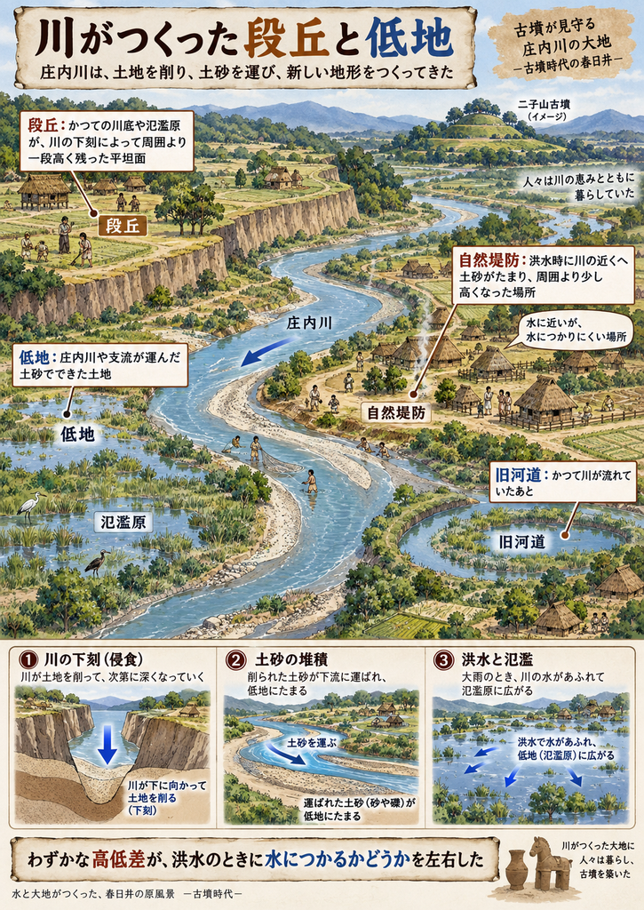 古墳時代の春日井を背景に、庄内川がつくった地形を説明する縦長のインフォグラフィック。大きく蛇行する庄内川を中心に、左側には川が土地を深く削ってできた一段高い平坦地「段丘」があり、崖状の縁の上に竪穴住居風の集落や畑、作業する人々が描かれている。右側の川沿いには、洪水で土砂がたまって少し高くなった「自然堤防」があり、水辺に近いが水につかりにくい場所として集落が立地している。川の周囲には低地や湿地状の「氾濫原」が広がり、水鳥が見られる。右下には、かつて川が流れていた跡を示す池状の「旧河道」が描かれている。遠景には古墳時代を示す二子山古墳のイメージが見え、全体に古代の暮らしと地形の関係を示している。下部には3つの小図があり、①川の下刻(侵食)で谷が深くなること、②削られた土砂が下流へ運ばれて低地に堆積すること、③洪水時に水があふれて氾濫原に広がること、を順に説明している。最下部には「わずかな高低差が、洪水のときに水につかるかどうかを左右した」という要点が強調されている。