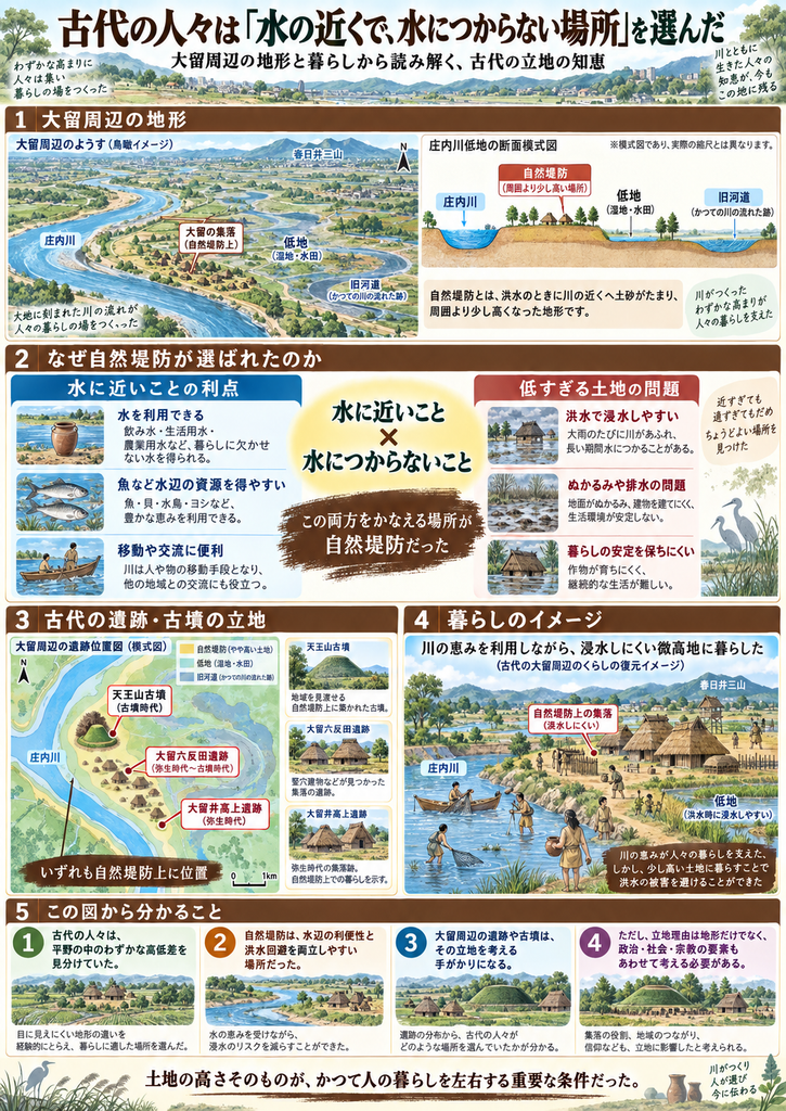 古代の人々が「水の近くで、水につからない場所」を選んで暮らしたことを説明する縦長のインフォグラフィック。題名は「古代の人々は『水の近くで、水につからない場所』を選んだ」。大留周辺を例に、庄内川の低地と自然堤防の関係を図解している。上部では、庄内川が蛇行する大留周辺の鳥瞰図と、川・自然堤防・低地・旧河道を示した断面模式図を掲載し、自然堤防が洪水時に土砂がたまって周囲より少し高くなった地形であることを説明。中央左では「水に近いことの利点」として、水の利用、水辺の資源の利用、移動や交流のしやすさを挙げ、中央右では「低すぎる土地の問題」として、洪水による浸水、ぬかるみや排水の悪さ、安定した暮らしの難しさを示している。中央下では、大留周辺の模式地図に天王山古墳、大留六反田遺跡、大留井高上遺跡を示し、いずれも自然堤防上に立地すると説明。右側には、川辺で漁や水汲みをし、自然堤防上の集落で暮らす古代の人々の復元イメージが描かれ、低地は洪水時に浸水しやすいことも示されている。下部では、「古代の人々は平野の中のわずかな高低差を見分けていた」「自然堤防は水辺の利便性と洪水回避を両立しやすい」「遺跡や古墳の立地はその手がかりになる」「立地理由は地形だけでなく政治・社会・宗教の要素も考える必要がある」と4点に整理。最下部で「土地の高さそのものが、かつて人の暮らしを左右する重要な条件だった」とまとめている。