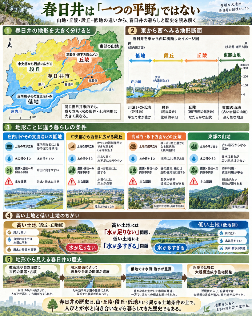 春日井市の地形を「東部の山地・丘陵・中央部から西部の段丘・庄内川や支流沿いの低地」に分けて解説した縦長のインフォグラフィック。上部には「春日井は『一つの平野』ではない」と大きく表示され、左側の地図では春日井市内を色分けし、東部の山地を緑、高蔵寺・坂下方面などの丘陵を橙、中央部から西部の段丘を黄、庄内川やその支流沿いの低地を青で示している。右側には春日井を東西に横断した模式断面図があり、東側の標高の高い山地から丘陵、段丘、庄内川沿いの低地へと高さが下がる地形の違いを描いている。中央部では、それぞれの地形について、土地の成り立ち、水の得やすさ、農業や居住への向き不向き、主な課題を比較。低地は水を得やすく水田に向く一方で洪水や排水が問題、段丘は平坦で住宅や畑に適するが川より高いため水田用水の確保が課題、丘陵は谷の農地や後世の住宅開発に利用され、東部山地は森林や資源利用が中心で急傾斜が制約になることを示している。下段では、「高い土地には水が足りない」「低い土地には水が多すぎる」という対比を大きく表示し、段丘・丘陵側では用水整備が必要だったこと、低地側では洪水や排水への対応が必要だったことを図解。最下部では、微高地や自然堤防への古代集落、用水による段丘・台地の開発、低地の水田と治水、丘陵地の大規模造成や住宅開発という歴史の流れを並べ、春日井の歴史が異なる地形条件の上で、人々が水と向き合いながら暮らしてきた歴史であることをまとめている。