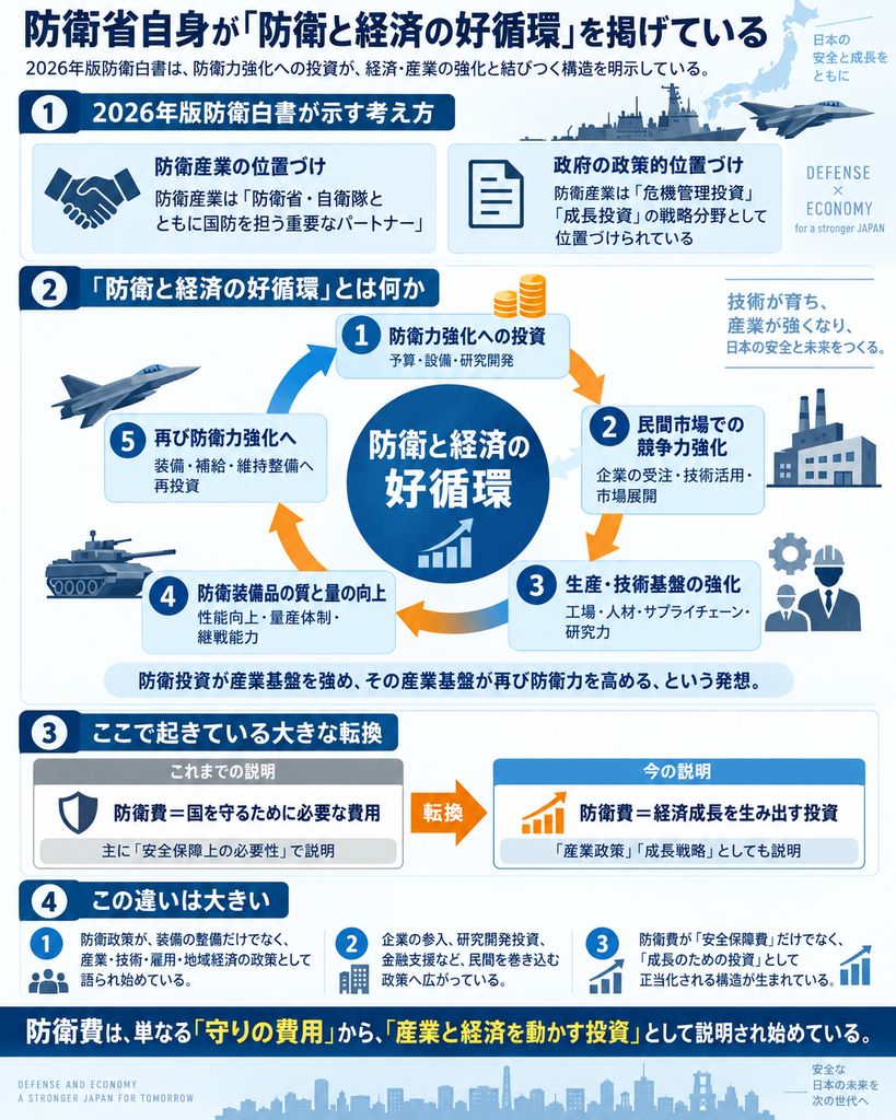 「防衛省自身が『防衛と経済の好循環』を掲げている」と題したインフォグラフィック。2026年版防衛白書が、防衛産業を「防衛省・自衛隊とともに国防を担う重要なパートナー」と位置づけ、防衛産業を「危機管理投資」「成長投資」の戦略分野としていることを示す。中央には「防衛と経済の好循環」の循環図があり、①防衛力強化への投資、②民間市場での競争力強化、③生産・技術基盤の強化、④防衛装備品の質と量の向上、⑤再び防衛力強化へ、という流れを表現。下部では、従来の「防衛費＝国を守るために必要な費用」という説明から、「防衛費＝経済成長を生み出す投資」「産業政策・成長戦略としての防衛」へと説明の性格が変化していることを対比している。戦闘機、艦艇、戦車、工場、技術者、資金などのイラストを配置し、防衛政策と産業・技術・雇用・地域経済との結び付きが強まっている構造を図解している。