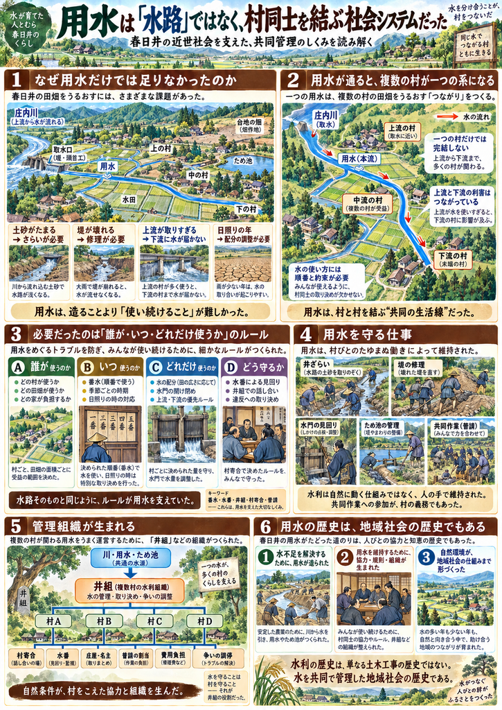 春日井の近世における用水の仕組みを説明した縦長のインフォグラフィック。上部に「用水は『水路』ではなく、村同士を結ぶ社会システムだった」と大きく書かれ、春日井の近世社会を支えた共同管理のしくみを解説している。第1部では、庄内川から取水した用水が上の村・中の村・下の村の田畑を潤す模式図を描き、土砂の堆積、堤の破損、上流での取りすぎ、日照りの年の配分調整など、用水を維持する上での課題を示している。第2部では、一つの用水が上流・中流・下流の複数の村をつなぐ様子を図示し、上流と下流の利害が結びついており、一つの村だけでは完結しないことを説明している。第3部では、「誰が使うか」「いつ使うか」「どれだけ使うか」「どう守るか」の4項目に分け、受益範囲、番水、水門の開閉、水番や井組での話し合いなど、用水利用の細かなルールを整理している。第4部では、井ざらい、堤の修理、水門の見回り、ため池の管理、共同作業(普請)など、用水を守る日常的な労働を村人たちが担っていたことを描いている。第5部では、複数の村が関わる用水を運営するために「井組」という水利組織が生まれ、村Aから村Dまでが、村寄合・水番・庄屋や名主・普請の割当・費用負担・争いの調停などを通じて管理に参加していたことを示している。第6部では、水不足を解決するために用水が造られ、その維持のために協力・規則・組織が生まれ、自然環境が地域社会の仕組みまで形づくった、という3点で全体をまとめている。全体として、用水の歴史は単なる土木工事の歴史ではなく、水を共同で管理した地域社会の歴史であることを視覚的に伝える図。