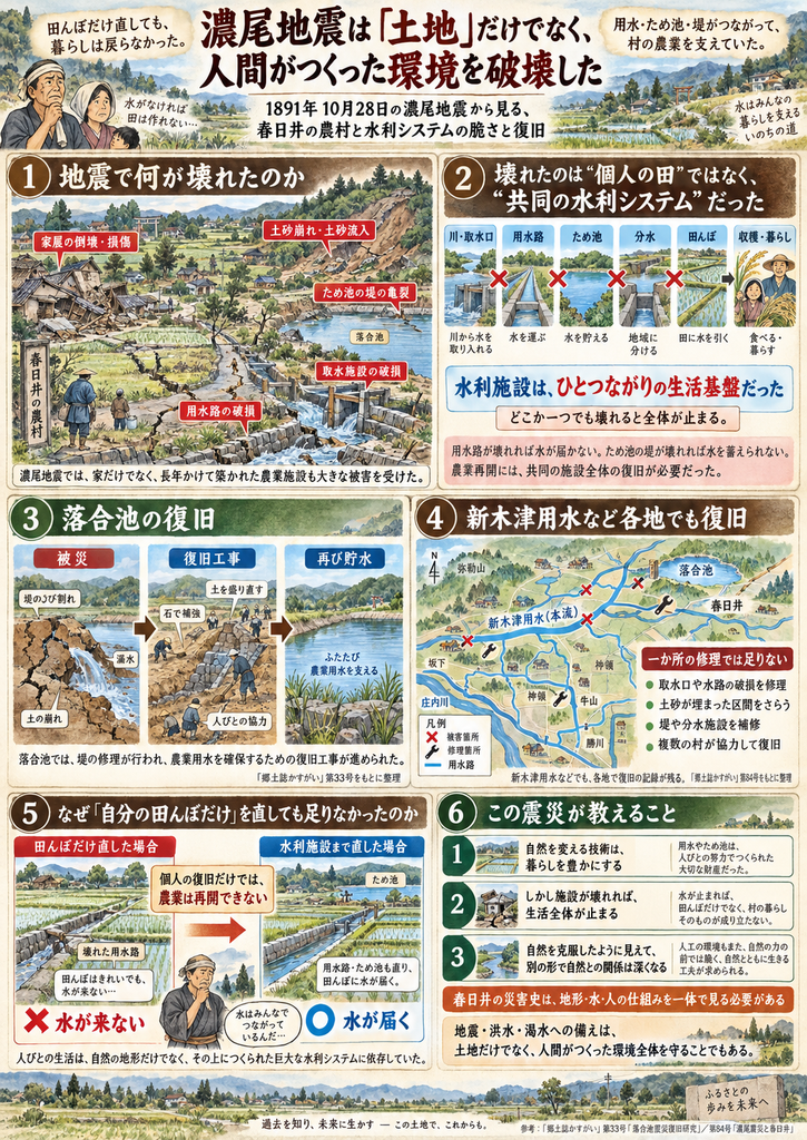1891年10月28日の濃尾地震が、春日井の家屋だけでなく、ため池や用水路など人間が築いた水利システム全体を破壊したことを説明する縦長のインフォグラフィック。上部には「濃尾地震は『土地』だけでなく、人間がつくった環境を破壊した」と大きく書かれ、地震後の農村景観とともに、水がなければ田は作れないという問題意識が示されている。第1部「地震で何が壊れたのか」では、倒壊・損傷した家屋、土砂崩れや土砂流入、落合池の堤の亀裂、取水施設の破損、用水路の破損などが一つの農村景観の中に描かれ、被害が家だけでなく農業施設全体に及んだことを示している。第2部では、川・取水口、用水路、ため池、分水、田んぼ、収穫・暮らしという一連の水利の流れを図式化し、どこか一つでも壊れると全体が止まること、壊れたのは個人の田ではなく共同の水利システムだったことを強調している。第3部「落合池の復旧」では、被災した堤のひび割れや漏水、土の崩れ、続く復旧工事として土を盛り直し石で補強する人びとの作業、そして再び水をためて農業用水を支える状態までを3段階で示している。第4部では、新木津用水の本流や落合池、春日井周辺の地図上に被害箇所と修理箇所を記し、取水口や水路の修理、土砂で埋まった区間の浚渫、堤や分水施設の補修など、各地で復旧が必要だったことを説明している。第5部では、「自分の田んぼだけ」を直した場合と、水利施設まで直した場合を対比し、田んぼだけ整えても水が来なければ農業は再開できず、用水路やため池も直してはじめて田に水が届くことを示している。第6部では、この震災が教えることとして、自然を変える技術は暮らしを豊かにする一方、施設が壊れれば生活全体が止まること、自然を克服したように見えても別の形で自然との関係が深くなることを3点で整理している。全体のまとめとして、春日井の災害史は地形・水・人の仕組みを一体で見る必要があり、地震・洪水・渇水への備えは土地だけでなく人間がつくった環境全体を守ることでもある、というメッセージを伝える図。