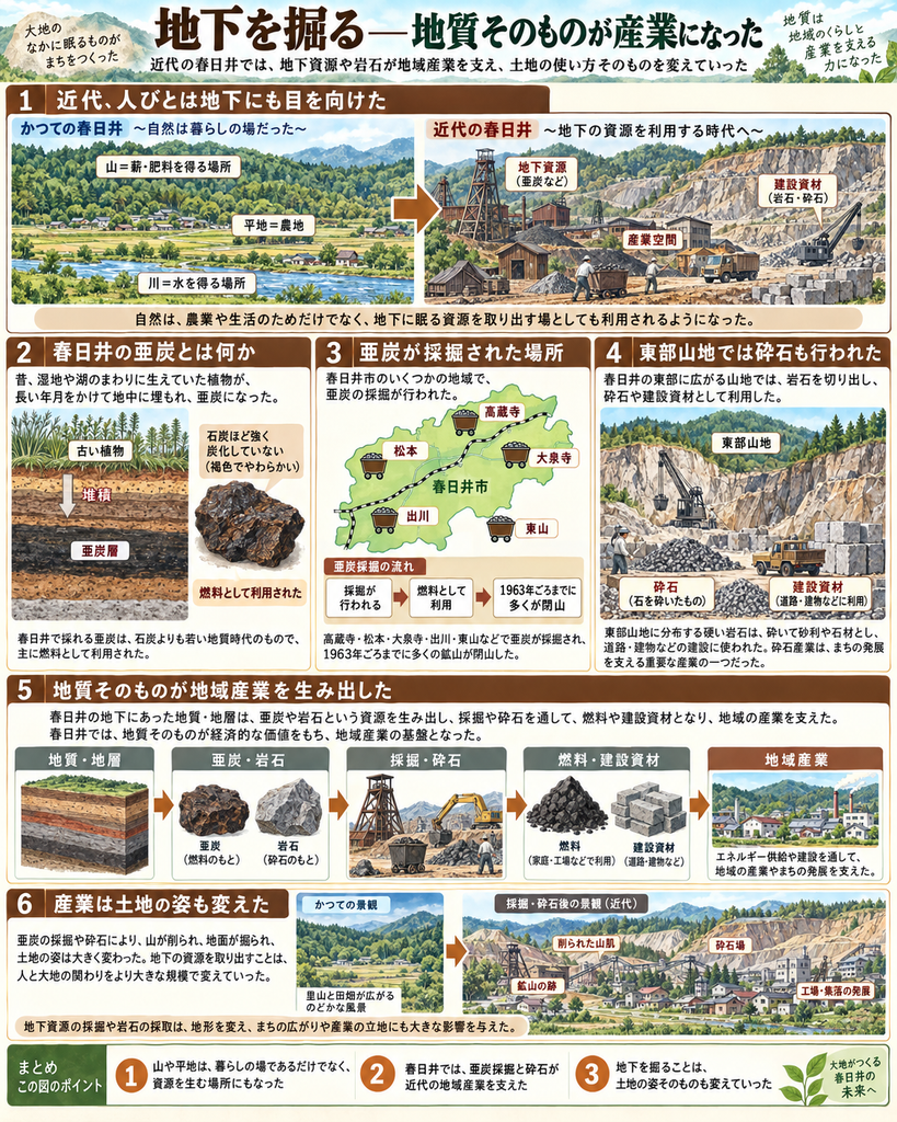 春日井の近代における地下資源利用を説明した縦長のインフォグラフィック。上部に「地下を掘る――地質そのものが産業になった」と大きく書かれ、地下資源や岩石の利用が地域産業を支え、土地の使い方そのものを変えていったことを示している。第1部では、かつての春日井では山が薪や肥料を得る場所、平地が農地、川が水を得る場所だった景観と、近代になると地下資源や岩石を掘り出す産業空間へ変化した景観を対比している。第2部では、亜炭とは何かを図解し、昔の湿地や湖のまわりに生えていた植物が長い年月を経て地中に埋もれ、石炭ほど強くは炭化しない状態で残ったものだと説明。黒褐色でやわらかい燃料として利用されたことも示している。第3部では、春日井市内の地図に高蔵寺、松本、大泉寺、出川、東山を示し、これらの地域で亜炭採掘が行われたこと、採掘された亜炭は燃料として利用され、1963年ごろまでに多くの鉱山が閉山したことを整理している。第4部では、東部山地での砕石業を紹介し、岩石を切り出して砕き、道路や建物の建設資材として利用したことを描いている。採石場の崖、砕石の山、重機や運搬車両が描かれ、東部山地が建設資材の供給地となったことを示す。第5部では、「地質・地層」から「亜炭・岩石」、「採掘・砕石」、「燃料・建設資材」、「地域産業」へとつながる流れを矢印で整理し、春日井の地質そのものが亜炭や岩石という資源を生み、それが採掘や砕石を通じて燃料や建設資材となり、地域産業やまちの発展を支えたことを説明している。第6部では、かつての里山と田畑が広がる景観と、採掘・砕石後に削られた山肌や鉱山跡、砕石場、工場・集落が発展した景観を比較し、地下資源の利用が土地の姿そのものを変えたことを示している。最下部では、この図のポイントとして、山や平地は暮らしの場であるだけでなく資源を生む場にもなったこと、亜炭採掘と砕石が近代の地域産業を支えたこと、地下を掘ることは土地の姿そのものも変えていったこと、の3点をまとめている。